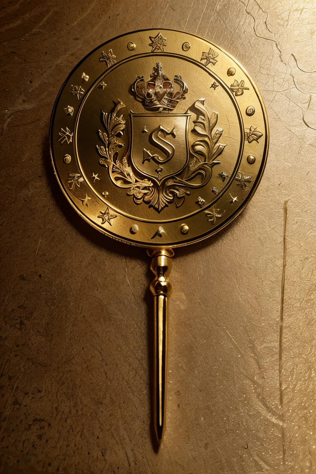 escudos, com as iniciais AMG conhadas , cor roxa e dourado