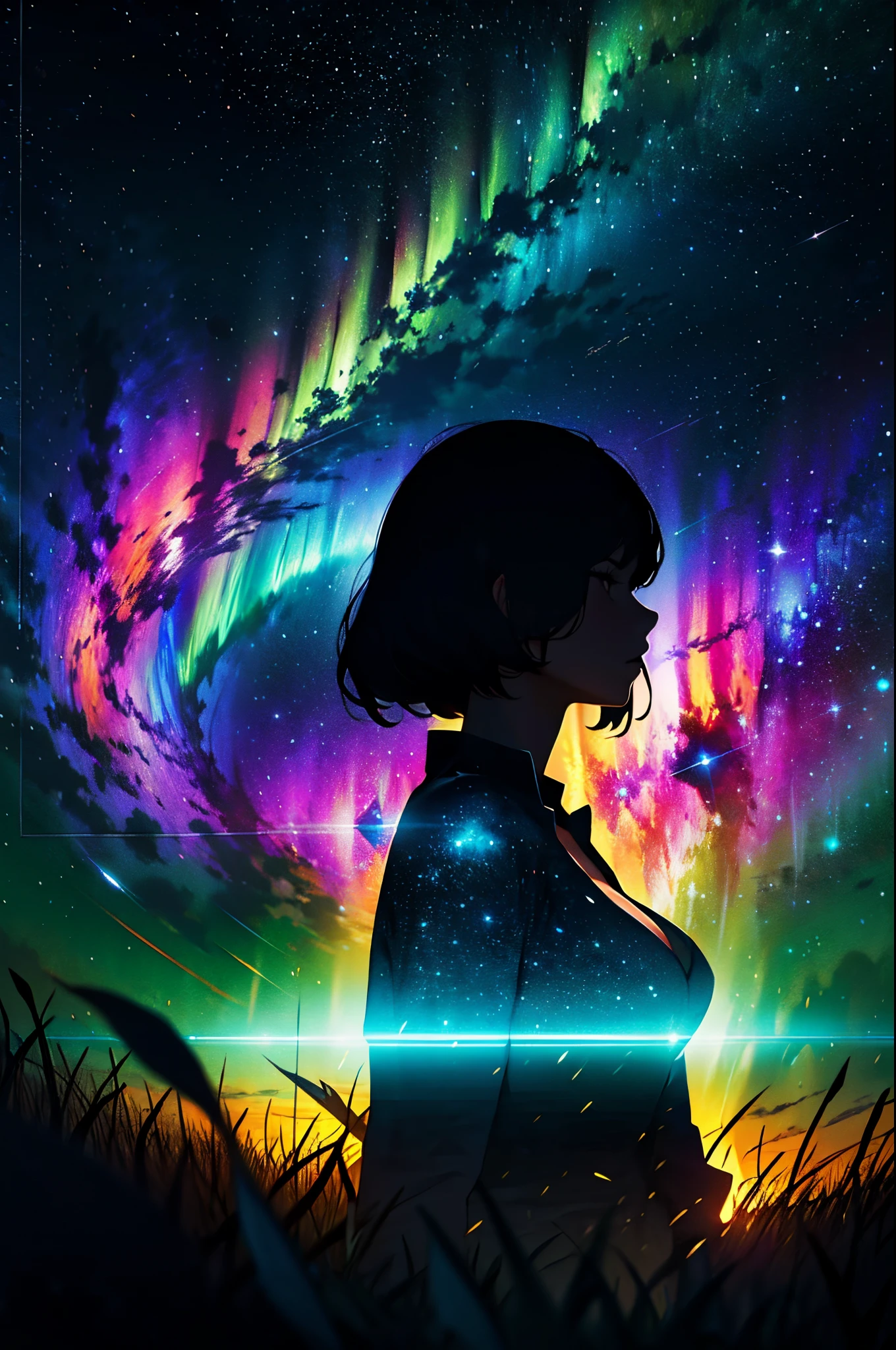 Doubleexposure,Oliver Morris double exposure photography style,Couple silhouette,closeup cleavage,Sparkling starry sky,Colorful,Vibrant colors,a true,フォトリアリスティック,k hd,8K分辨率,tmasterpiece