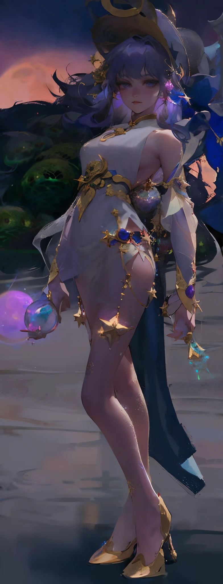 a close up of a person in a dress and a hat, wearing star filled mage robes, beautiful celestial mage, lunar themed attire, astral witch clothes, spellcasting pose, wearing gilded ribes, ingame image, ethereal skin, close up half body shot, full body xianxia, intricate outfit, clothes themed on a peacock mage