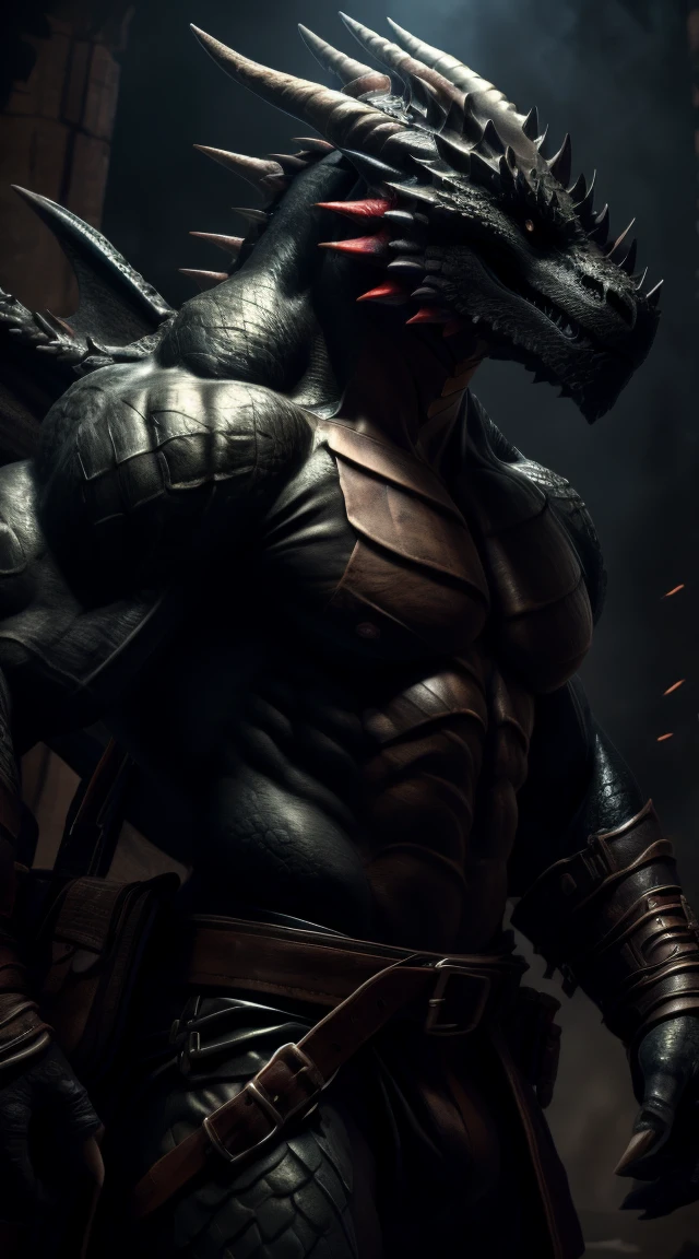 A dragon man, muscular, illustration, (best quality, 4k, highres, masterpiece:1.2), ultra-detailed, realistic, horror, sharp focus, vivid colors, abs, topless, black body with scales, black eyes, in motion, belts with pouches and bag