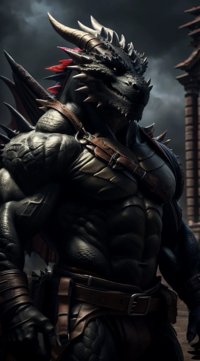 A dragon man, warrior, muscular, illustration, (best quality, 4k, highres, masterpiece:1.2), ultra-detailed, realistic, horror, sharp focus, vivid colors, abs, topless, black body with scales, black eyes, in motion, belts with pouches and bag