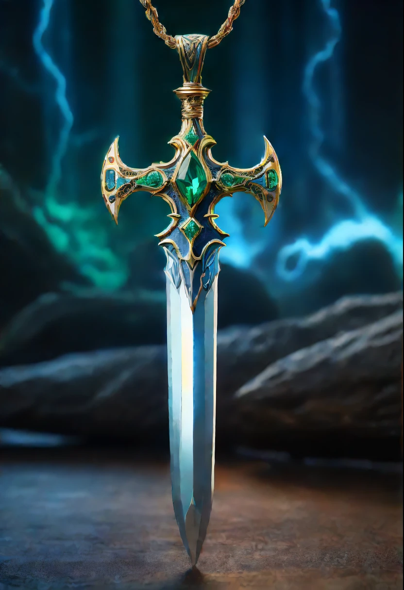 Magic Sword,legendary magic sword,Glory Magic Sword,Magic Sword,heavy metal style,metal art,Full metallic luster,Metal texture in the post-industrial era,Alloy wire crafts,a crystal pendant,Emerald inlay,Carefully crafted,Perfect craftsmanship,Magic lightning background,blue lightning,(Best quality,4K,8K,A high resolution,tmasterpiece:1.2),ultra - detailed,(actual,realistically,realistically:1.37),The landscape,sci-fy,photography,Concept artist, HighDynamicRange,hyper HD,Studio lighting,Ultra-fine painting,Focus sharp,physically-based renderingt,Extremely detailed description,professional,vivd colour,bokeh.