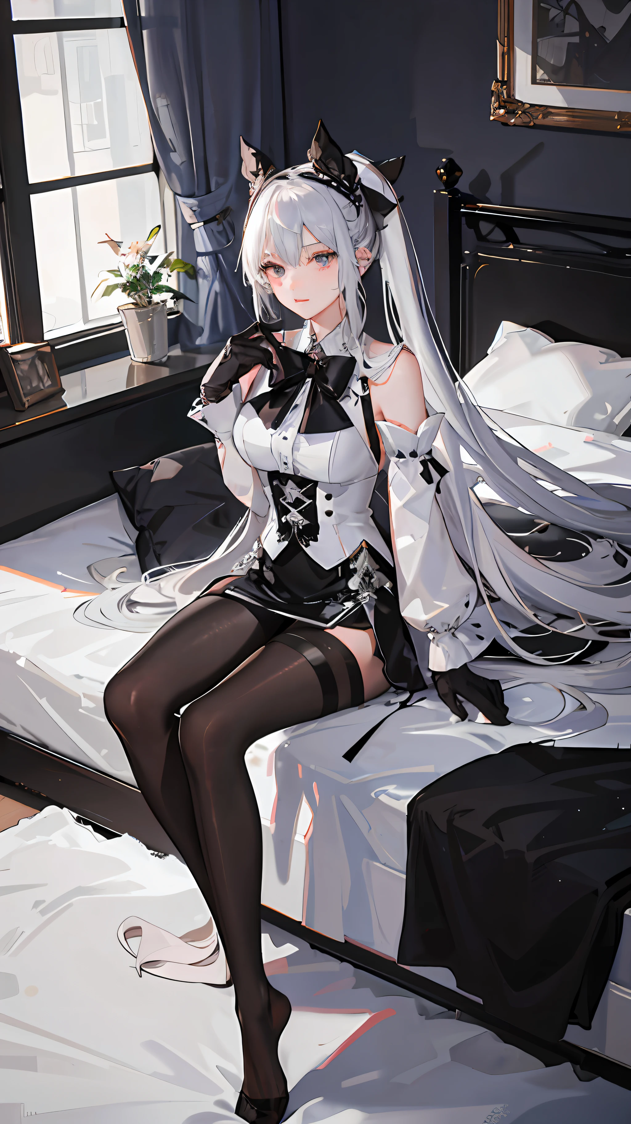 (((1 girl)),ray tracing,(dim lighting),[detailed background (bedroom)),((silver hair)),((silver hair)),(Fluffy silver hair, plump slender girl)) with high ponytail)))) Avoid blonde eyes in the ominous bedroom ((((Girl wears intricately embroidered black high-waisted pants with pantyhose) and white ruffled bow gloves), showing a delicate slim figure and graceful curves, correct limbs, sitting on the bed