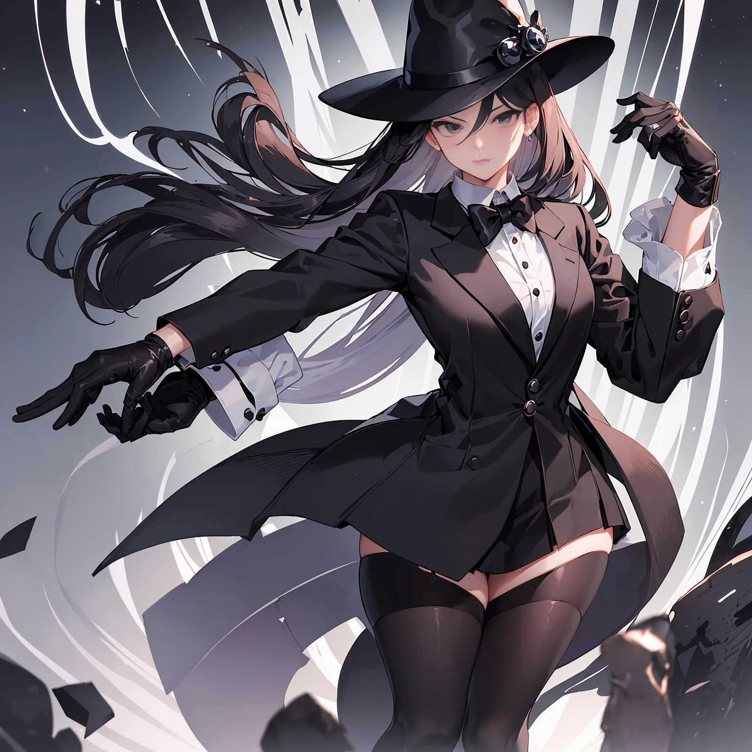 ((masterpiece, best quality)), ((1girl)), (white sleeved shirt), ((black tuxedo)), ((black mask)), ((black gloves)), (dark aura), (black tie), (stockings), (black military boots), ((dark brown long straight hair)), serious, (black eyes), rosy cheeks, (black fedora), (silver wristwatch), dynamic angle, nighttime, starry background