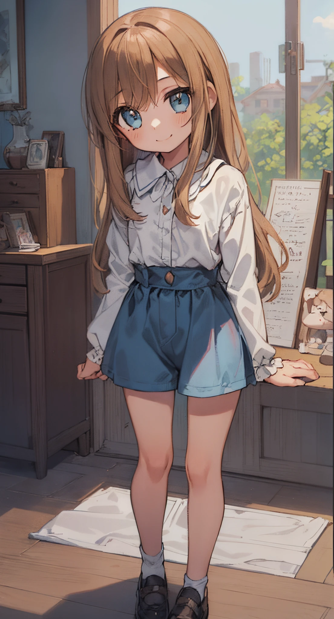 Beautiful illustration, Best Quality,(****************:1.5)、(cute petit girl：1.6)、Lori、flat chest、(girl like bisque doll)、(light blue culottes：1.6)、Gap between thighs and culottes、Clean thighs、Beautiful blue eyes, Cinematic lighting, ((Brown straight hair))、(A bewildering smile:1.2)、Redness of the cheeks、full-body view