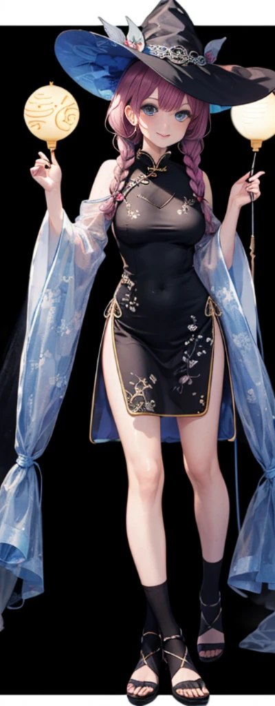 (Full body photo),Fluorescent background,(1 Witch,Flash fluorescence,Hats,Transparent tulle cheongsam,Delicate headgear,ssmile),(paper art,Quilted paper art,geometry),(Lots of colors,Best quality,high detal,tmasterpiece,movie light effect,4K,lightand shade contrast),Blue transparent tulle cheongsam,pigtails,Red knee-length socks,luminous totem,eBlue eyes,Sakura hair and big breasts,long braid,Red-haired Hatsune Witch costume