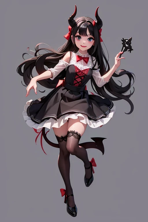 a (horned demon girl) smiling, wearing a lace cloth dress, black hair, red smokey eyes makeup, (hair bow), stockings, pumps, dramatic magic floating pose, (((full body))),