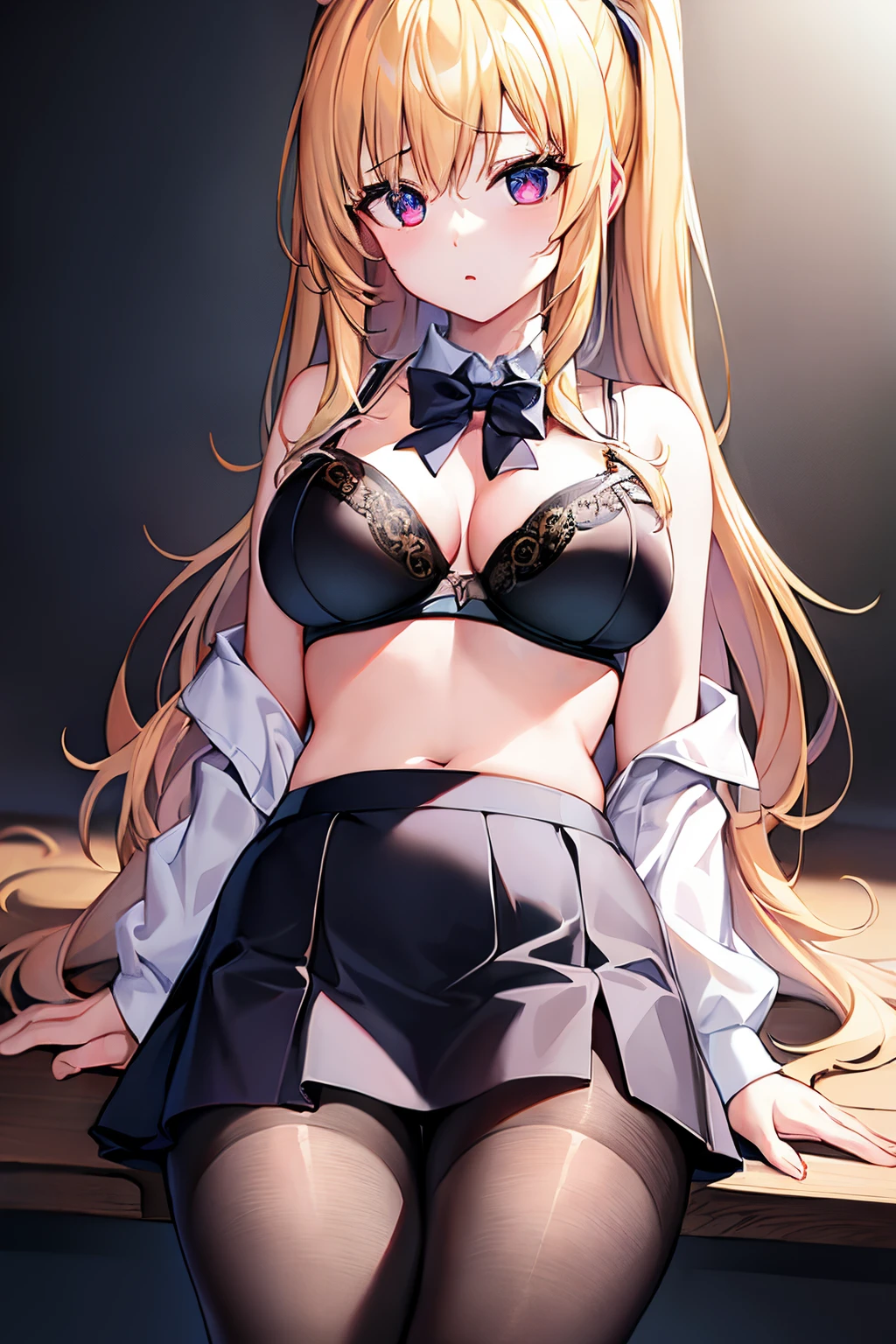 ​masterpiece, top-quality, ​masterpiece,top-quality,the Extremely Detailed CG Unity 8K Wallpapers, colourfull,1girl in,独奏,portraitures,(Exquisite facial features)、charming figure,Eyes of the Sky,hypnotism,((Show your bra))、((pantyhose))、(a blond)、(length hair)、(a miniskirt)、(Half-taken off blouse)、(poneyTail)、open one's legs