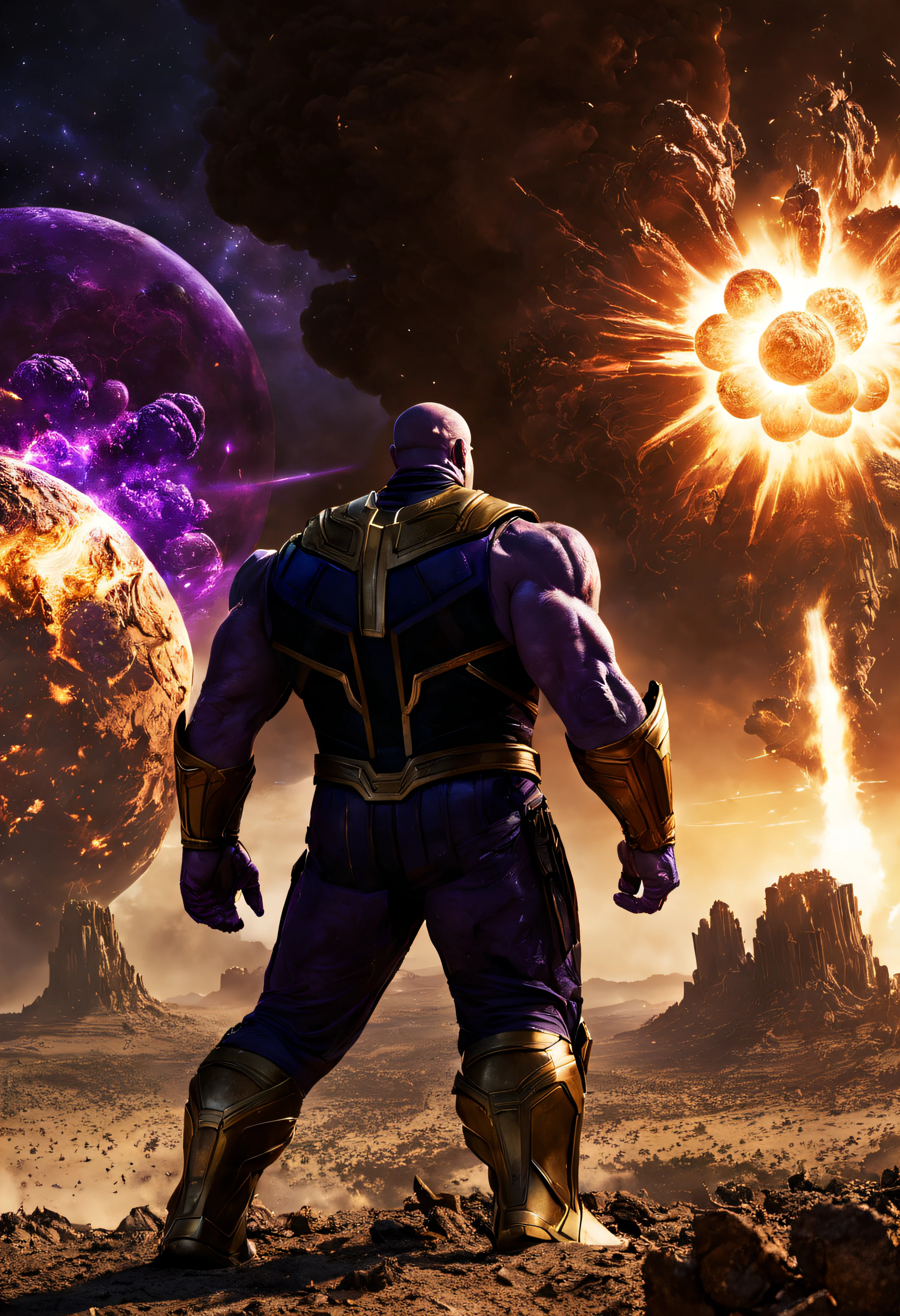 Thanos, in the desert, explosion behind, dark lighting, it is the end of the world, with big planets in the sky