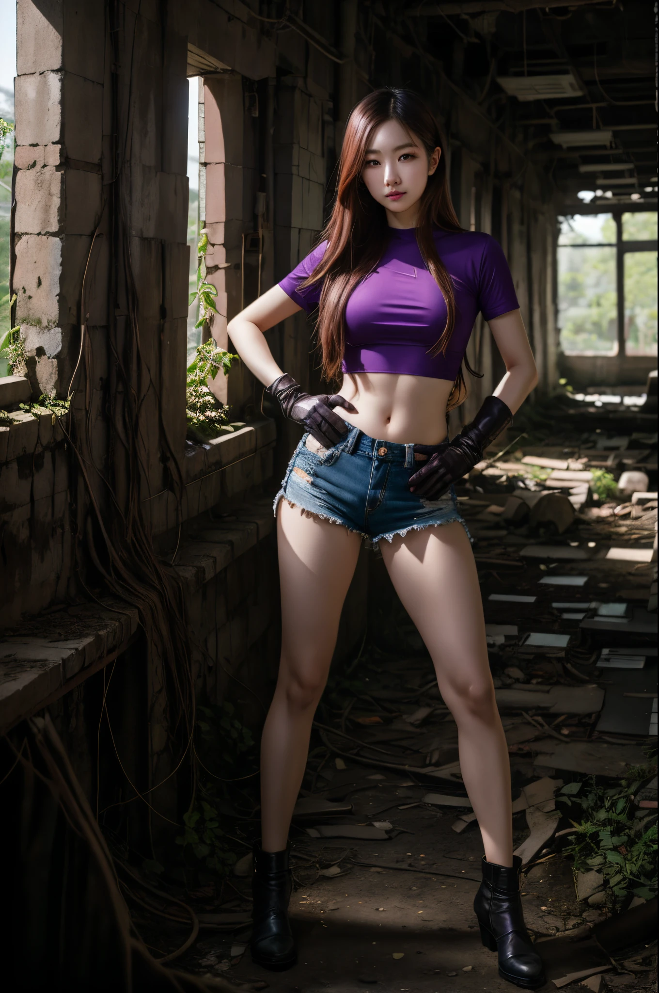 Korean Woman, look at viewer, long hair, shirt, micro shorts, ruins, creates, sun rays, pillars ,indoors, post-apocalypse, ruins, scenery, vines on walls, finger gun, full body, brown hair, smirk, gloves, hand on hip, purple crop top