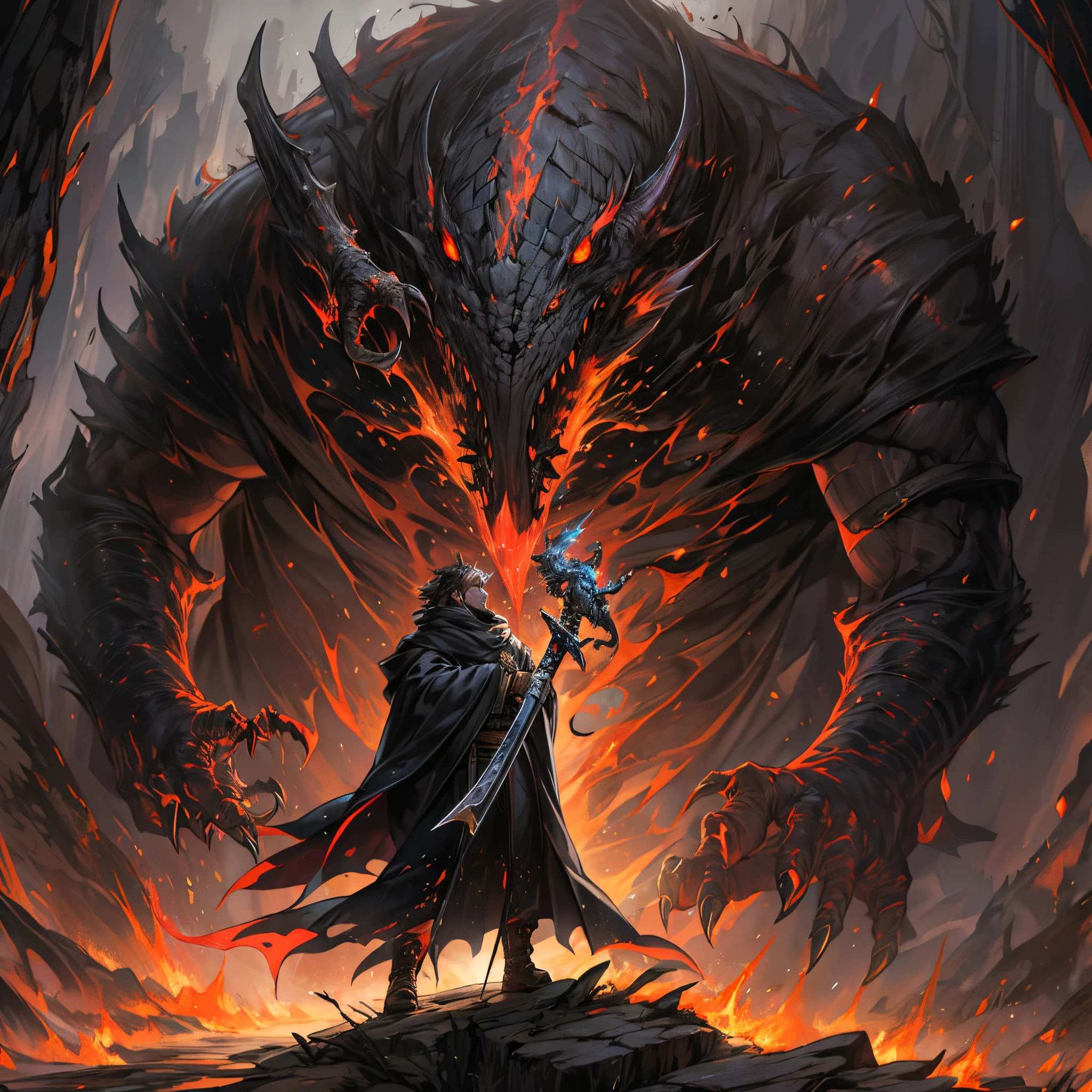 ultra detallado, beautiful and aesthetic, Beautiful, obra maestra , misterio , atmospheric , genial , sobrenatural , La mejor calidad , cueva , 1 hombre , 1 demonic monster , monstruo muy grande , Hombre matando monstruo , The man has a long black hooded robe , He can use magic , El monstruo tiene un cuerno muy grande , Monstruo respira hacer fuego , El hombre tiene una gran espada brillante , fantasy sword , 4 Little monster around the big monster , Magma alrededor del campo de batalla , The battlefield is in Cavern , Toda la cuevaa en llamas , La espada del hombre brilla , Acantilado de mayo y roca en Caverna , Caverna en llamas , (Caverna ultra detallada) , (Magma ultra detallado) , (Cara de hombre ultra detallada) , (Espada ultra detallada) , (Monstruo ultra detallado)
