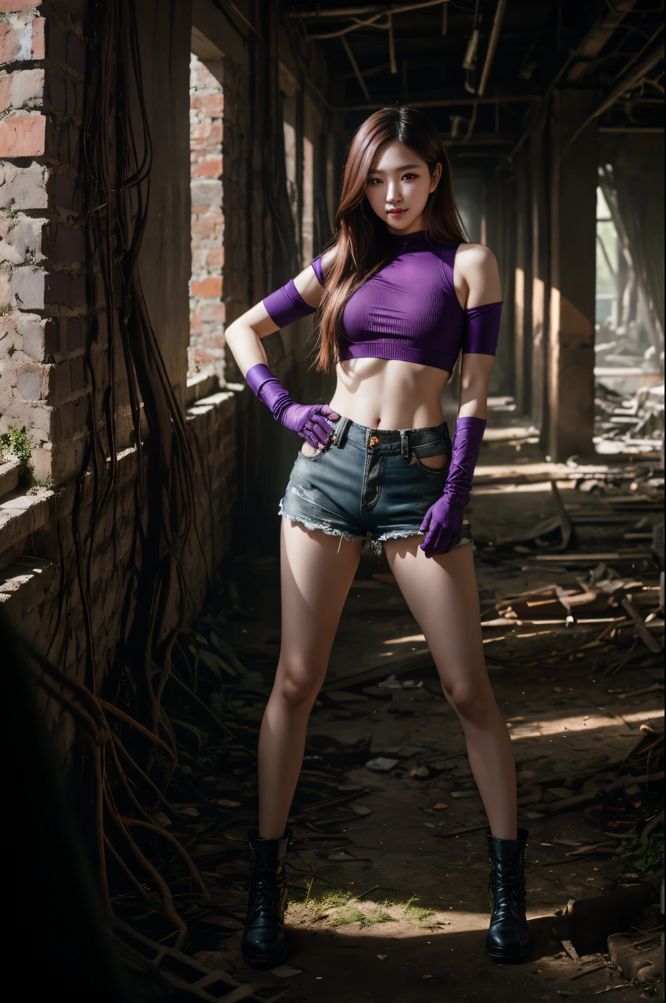 Korean Woman, look at viewer, long hair, shirt, micro shorts, ruins, creates, sun rays, pillars ,indoors, post-apocalypse, ruins, scenery, vines on walls, finger gun, full body, brown hair, smirk, gloves, hand on hip, purple crop top