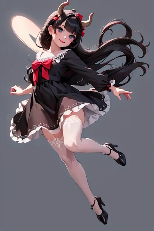 a (horned demon girl) smiling, wearing a lace cloth dress, black hair, red smokey eyes makeup, (hair bow), stockings, pumps, dramatic magic floating pose, (((full body))),