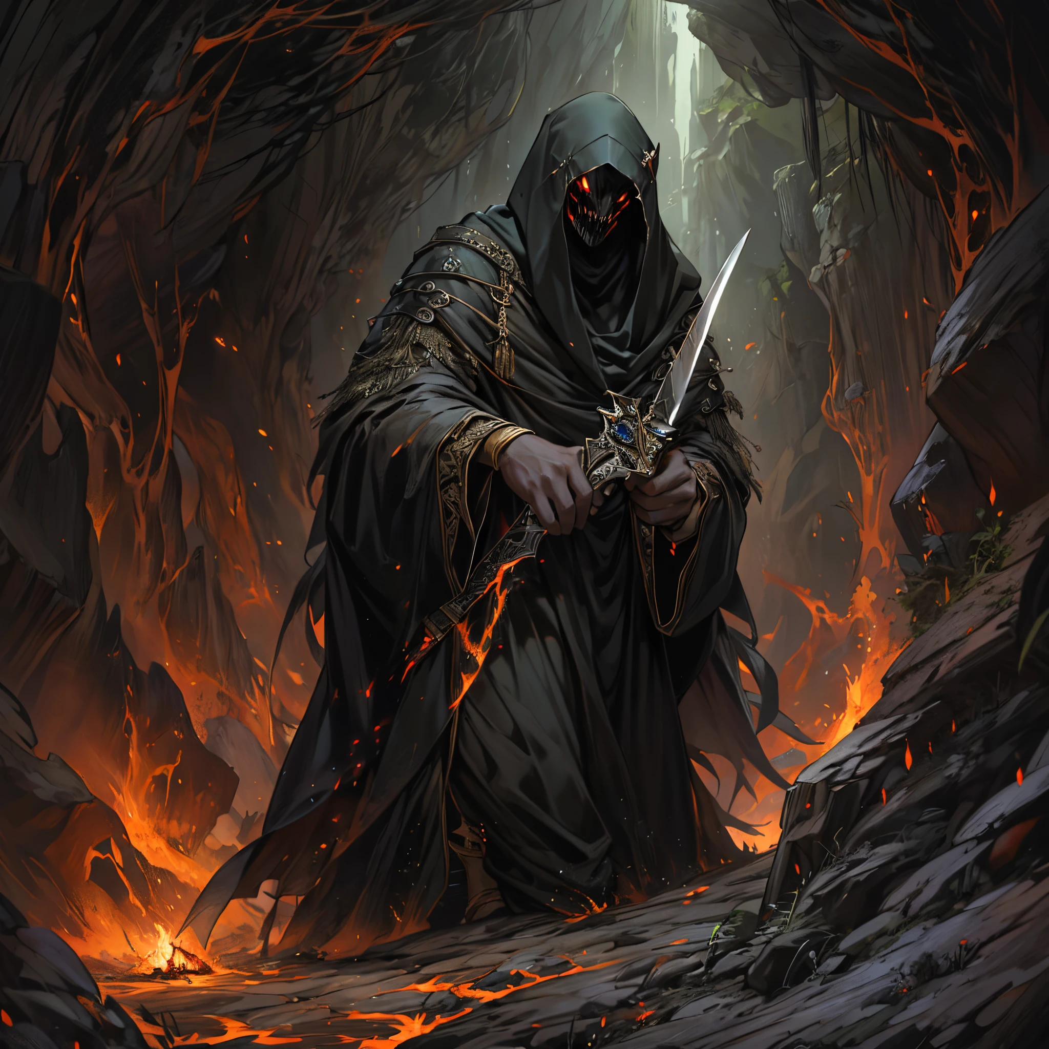 ultra detallado, beautiful and aesthetic, Beautiful, obra maestra , misterio , atmospheric , genial , sobrenatural , La mejor calidad , cueva , 1 hombre , 1 demonic monster , monstruo muy grande , Hombre matando monstruo , The man has a long black hooded robe , He can use magic , El monstruo tiene un cuerno muy grande , Monstruo respira hacer fuego , El hombre tiene una gran espada brillante , fantasy sword , 4 Little monster around the big monster , Magma alrededor del campo de batalla , The battlefield is in Cavern , Toda la cuevaa en llamas , La espada del hombre brilla , Acantilado de mayo y roca en Caverna , Caverna en llamas , (Caverna ultra detallada) , (Magma ultra detallado) , (Cara de hombre ultra detallada) , (Espada ultra detallada) , (Monstruo ultra detallado)