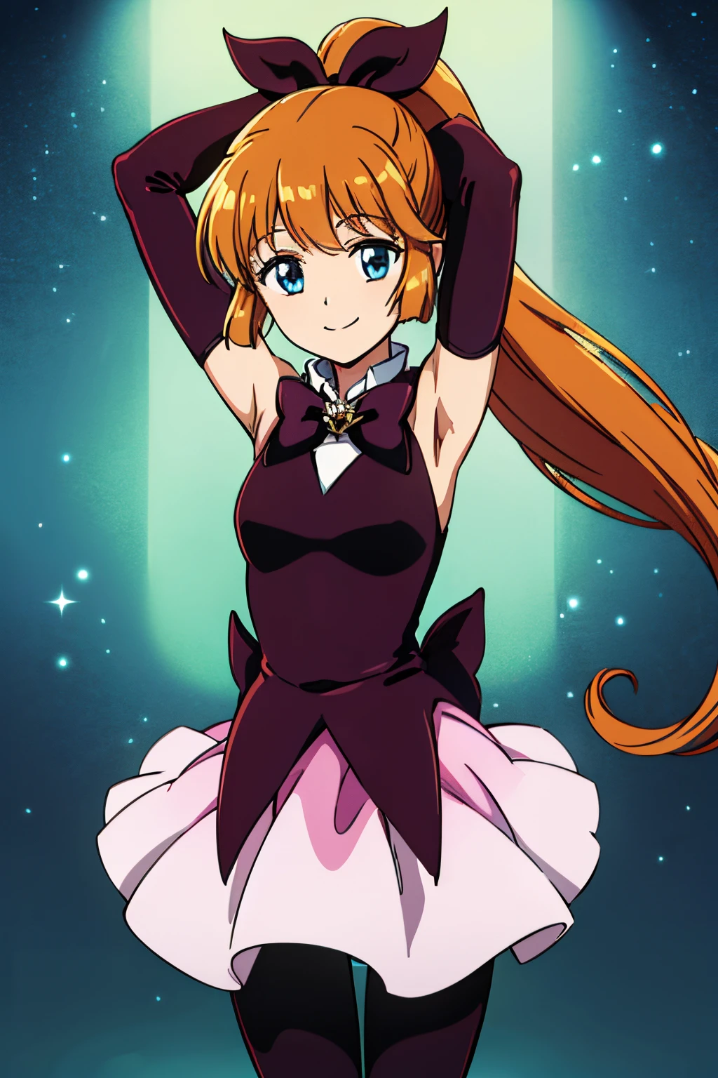 LONG HAIR, PONYTAIL, BOW, RIBBON, BLUE EYES, ORANGE HAIR, HAIR RIBBON, VERY LONG HAIR, BROWN HAIR, GLOVES, ELBOW GLOVES, SKIRT, MAGICAL GIRL, BLACK GLOVES, PANTYHOSE, BOWTIE, 1girl, solo, upper body, facing viewer, looking at viewer, smile,