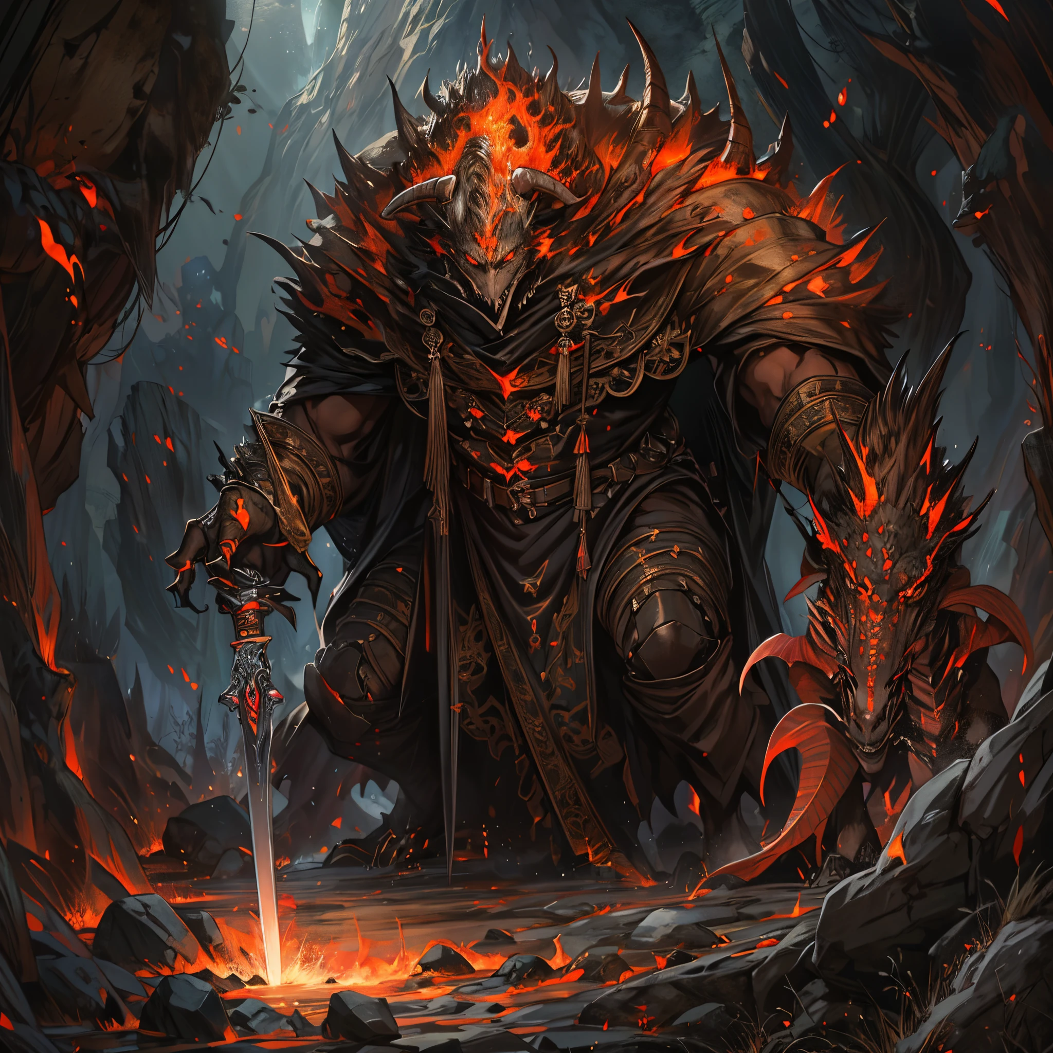 (8k, RAW photo, best quality, masterpiece:1.2), (realistic, photo-realistic:1.37), octane render, ultra high res, ultra-detailed ,professional lighting, photon mapping, radiosity, physically-based rendering, ue5, ((earth giant monster)), ((red glowing ember on giant's body)), ((red eyes)), ((holding flaming sword)), ((burning castle)), ((flaming wings))