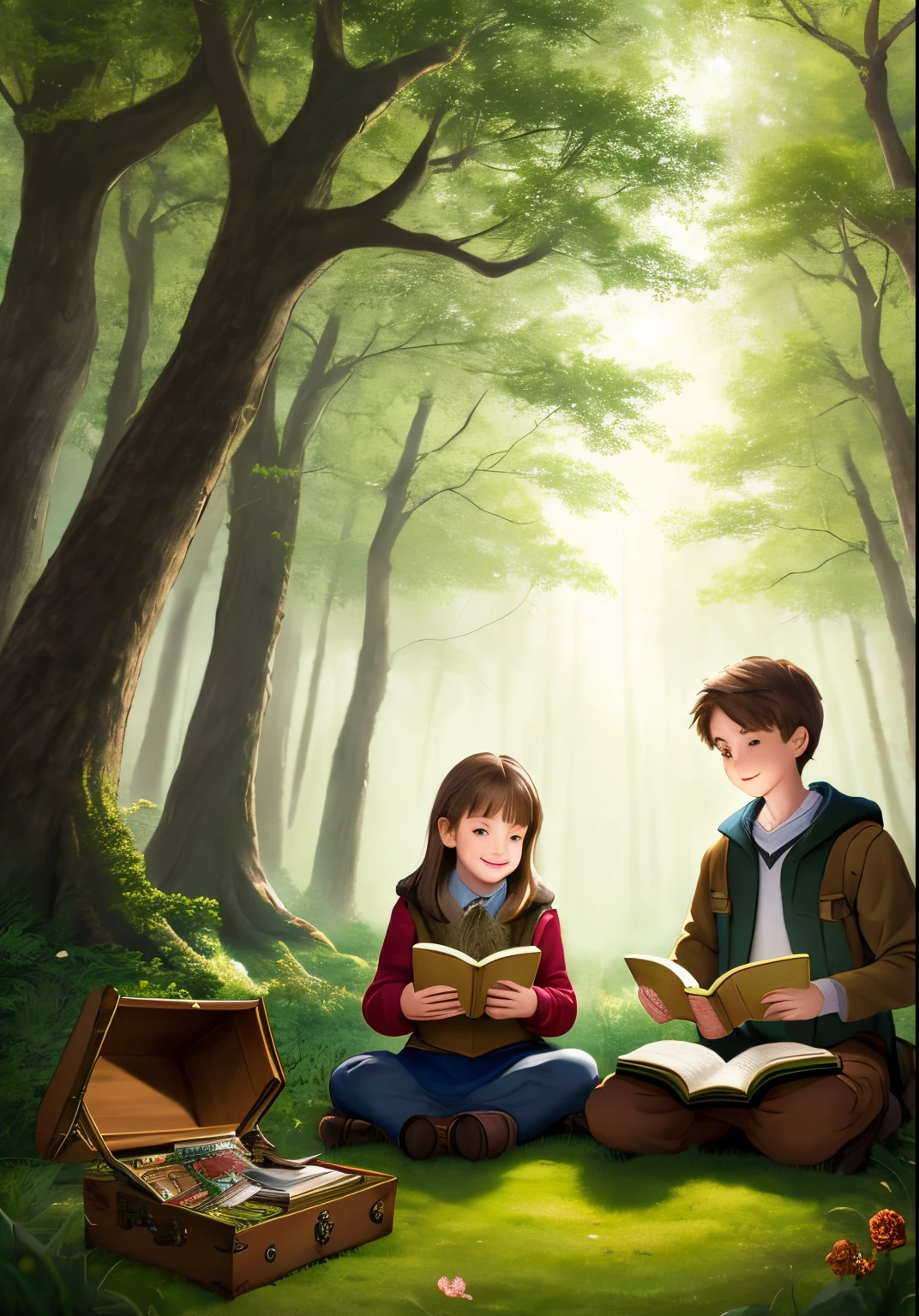 A girl and a boy in a forest with a treasure chest. In der Wahrheit ist ein Buch. They sit on the floor and enjoy the book.