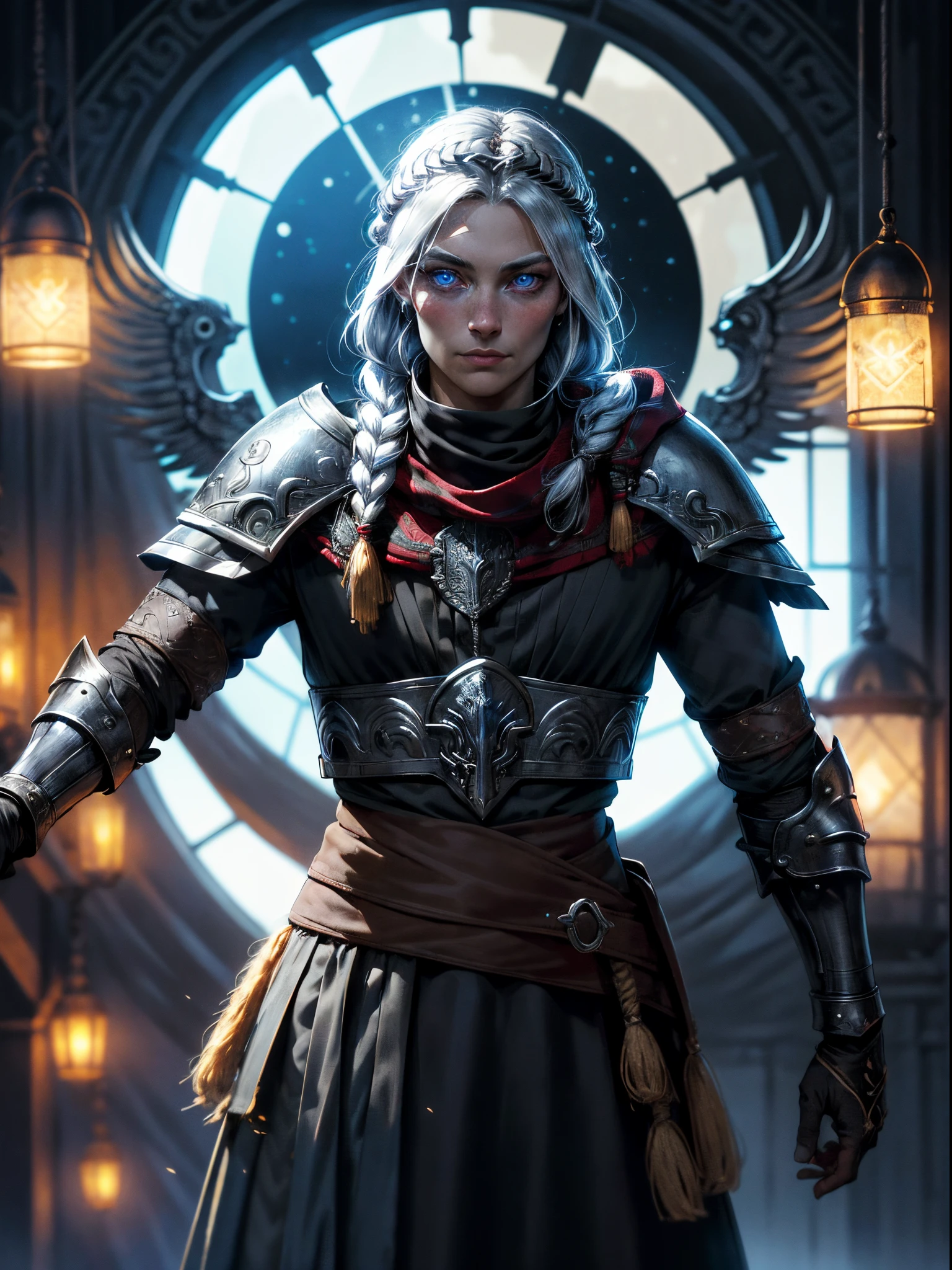 parte superior del cuerpo de un guerrero vikingo con armadura de pieles ornamentada, cuello ?????, pauldrons, peto, aura brillante, single braid, rubia, ojos rojos brillantes, pupilas brillantes, enfoque de ojos, capa roja, templo en el interior, vidrieras, noche, luz de luna, particuls, haz de luz, chromatic abberation