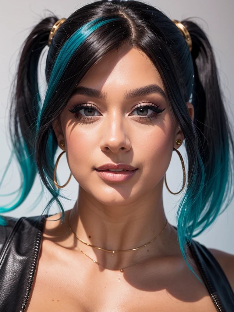 realistic, vibrant colors, artistic makeup, confident expression, modern background