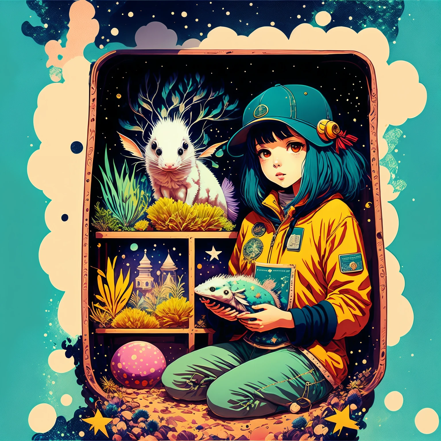Photo of an explorer with an axolotl as a pet inside the space with a psychedelic backgroun, estilo de Laurie Greasley, Studio Ghibli, Akira Toriyama, James Gilleard, Genshin Impact, Trending Pixiv Fanbox, acrylic palette knife, 8K, cores vibrantes, DevinArt, trendin on artstation, Detalhes baixos, escrita em letras estilo rock n roll, a palavra KAMIZART.COM