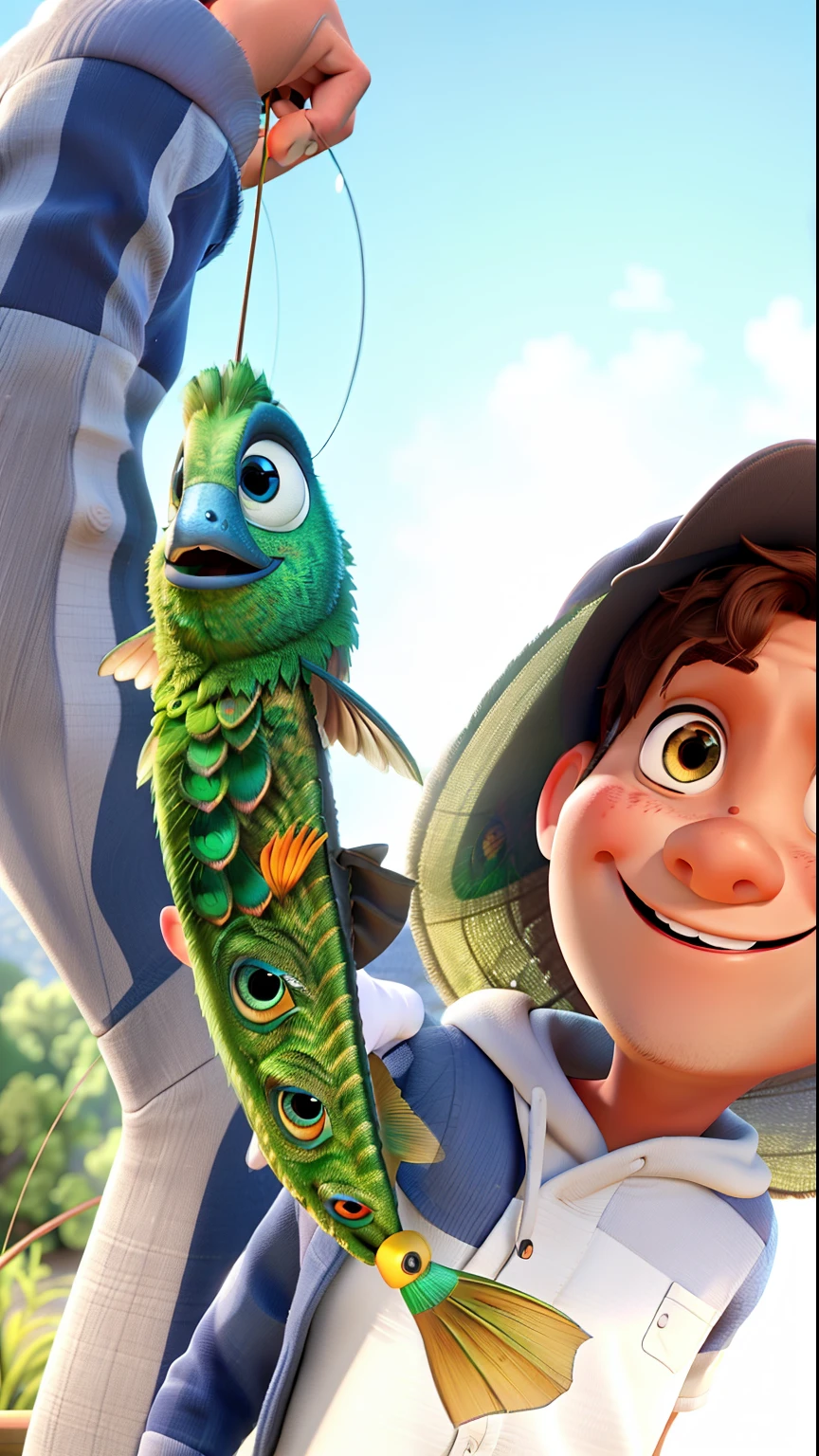 pixar man with brown eyes wearing a cap holding a peacock bass and smiling in a fishing environment