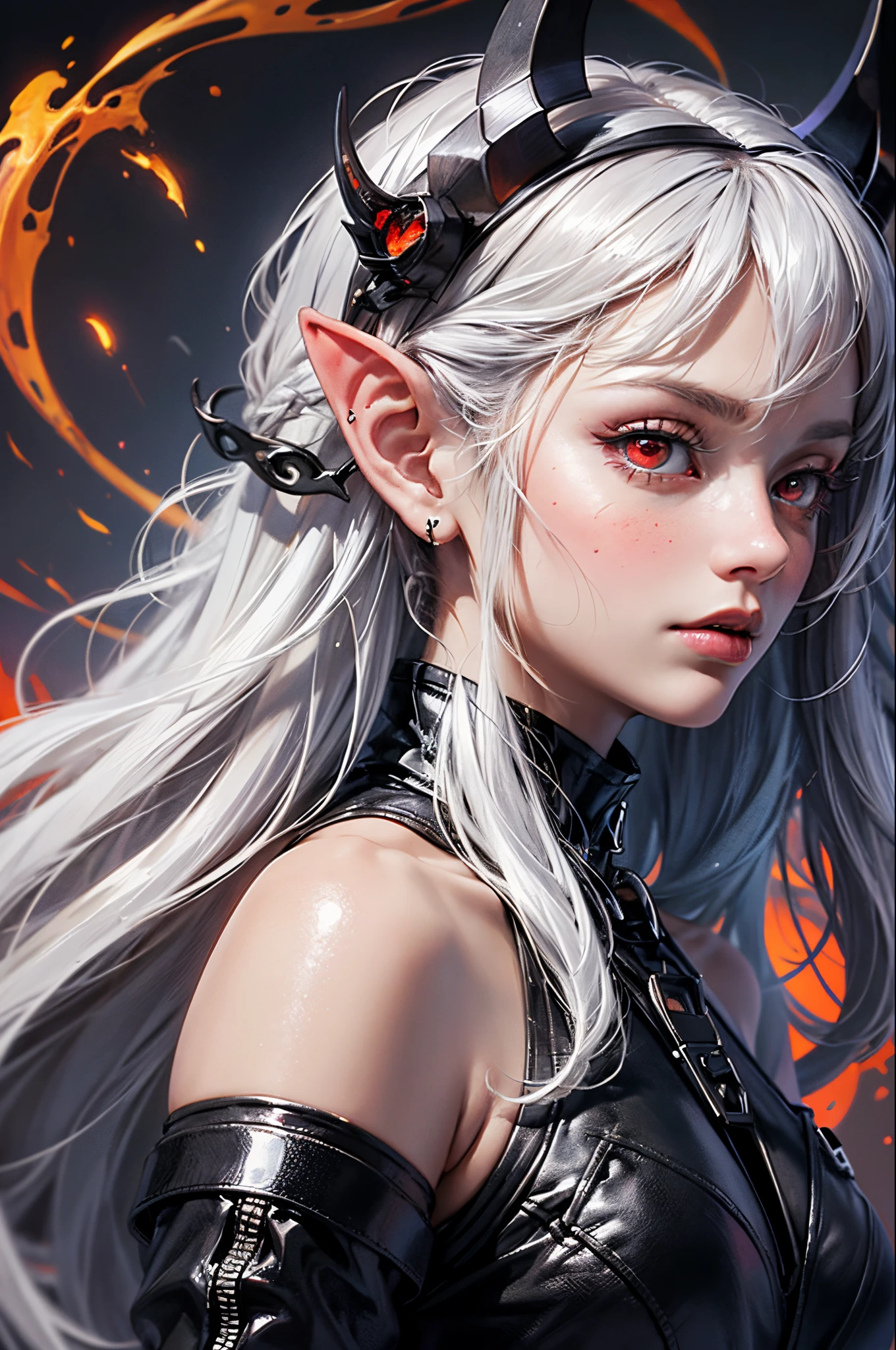 masterpiece, best quality, ultra-detailed, absurdres, colorful, 1girl, solo, (solid red eyes:1.0), (white hair, long hair, straight hair, hair over one eye:1.0), detailed eyes, wide-eyed, eyelashes, (upper body:0.8), monster girl, side view, glowing eyes, tilted head, night, black suit, pointy ears, horror, dark, black background, looking at viewer, crown, high contrast, backlighting, (standing:0.8), aura, fractal background, chaotic, spiral, demon horns, energy, mosaic, inferno