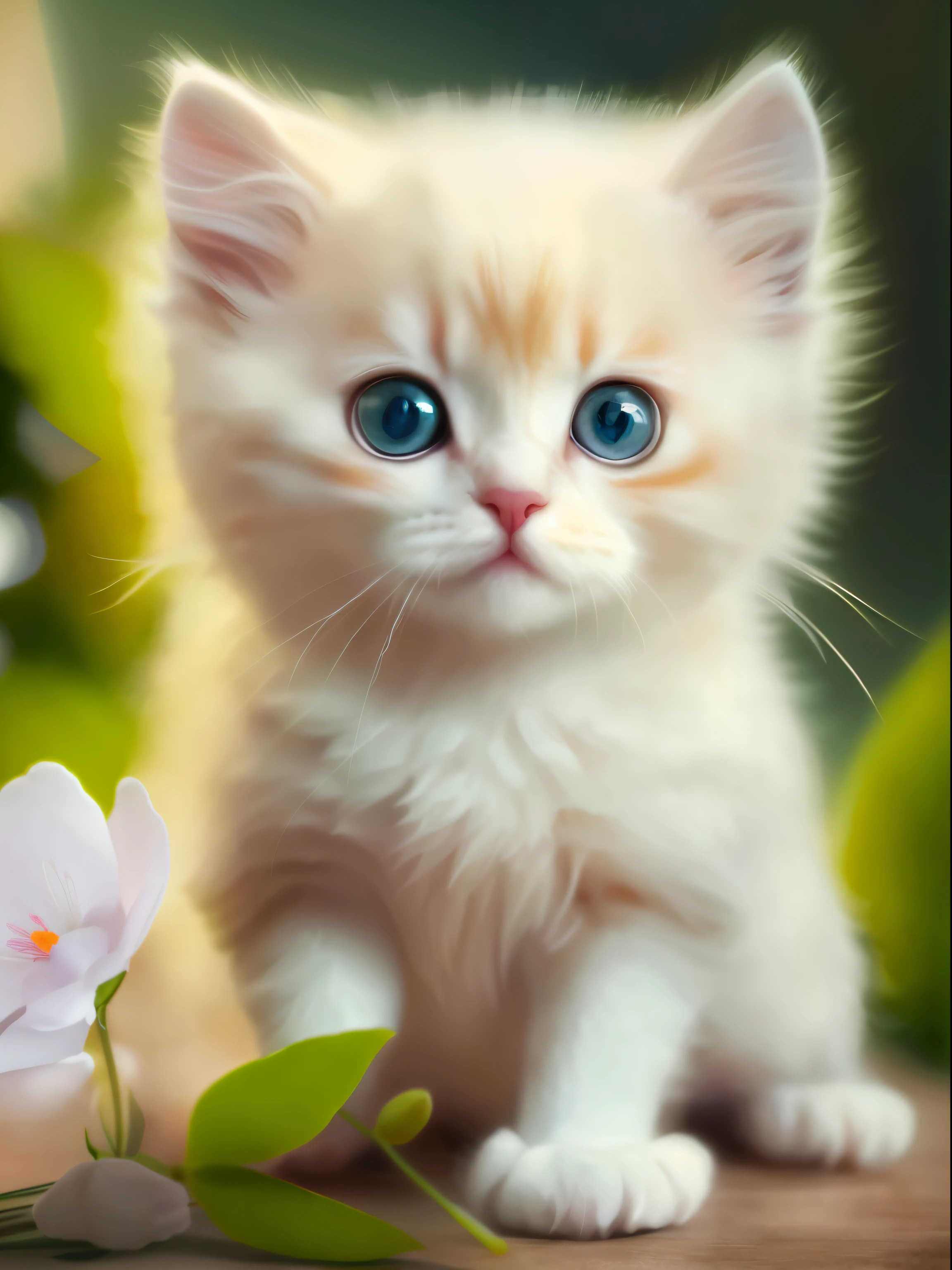 A white-haired kitten, shaggy,sparkle eyes,Jewelry and flowers in the background,Open-mouthed,ssmile,Funny,Left,Round box,Catstravaganza