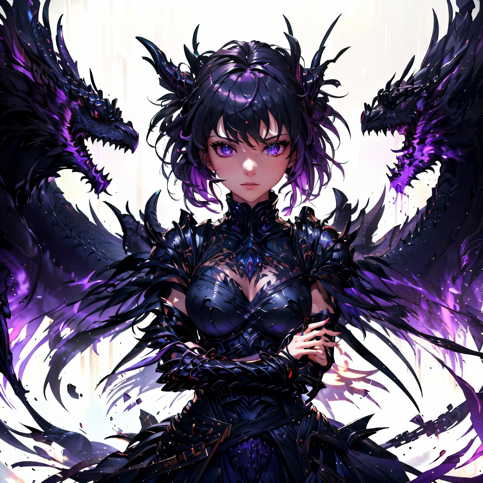 Girl in black armor. she is a sharp ornament. Two black dragons attack her from behind.. Sharp Hair Ornament. torn feather. sharp claws. she is dyed in purple flame.