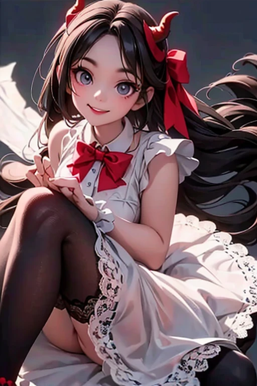 a close up of a (horned demon girl) smiling, wearing a lace cloth dress, black hair, red smokey eyes makeup, (hair bow), stockings, pumps, dramatic magic floating pose,