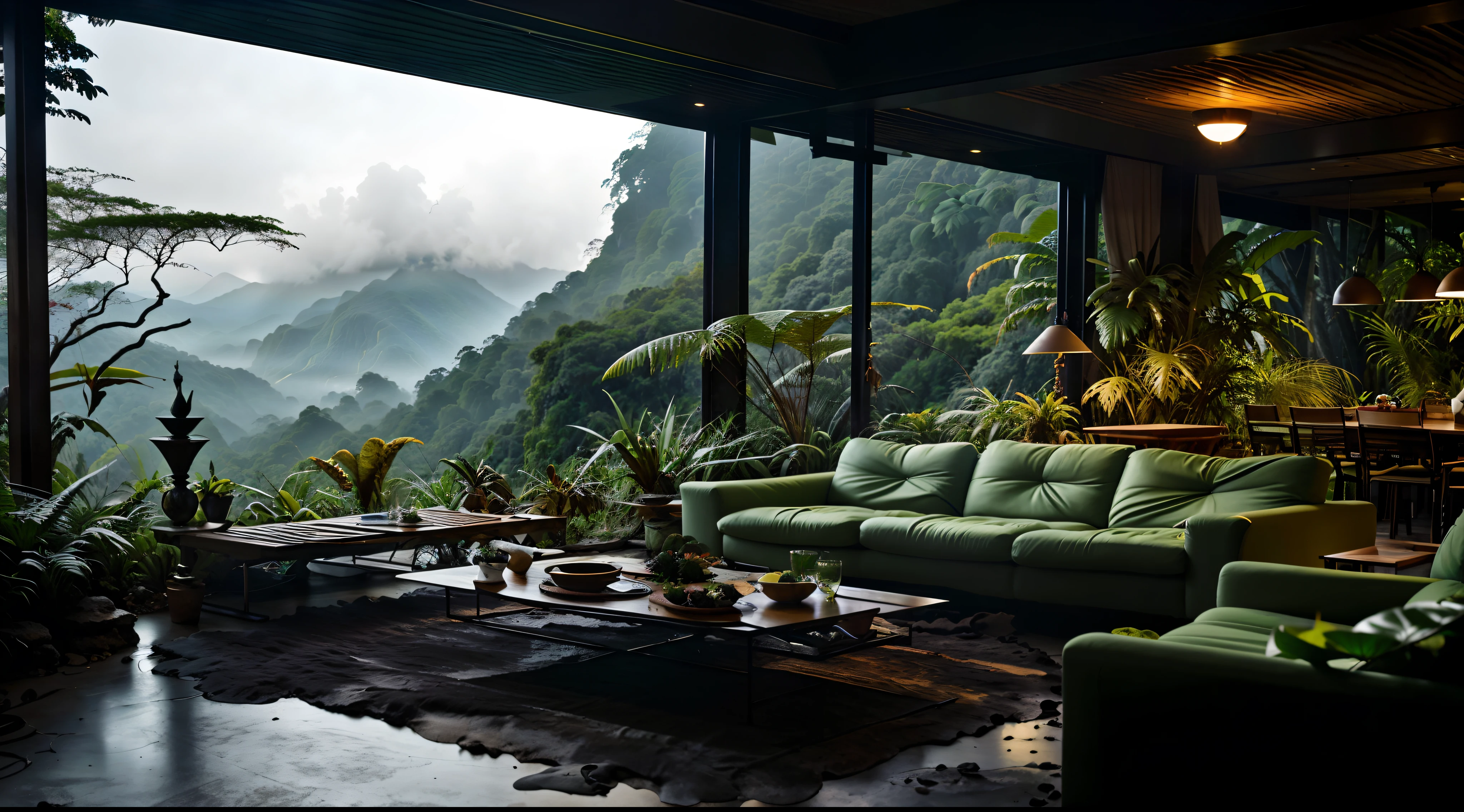 Sala de estar com vista para uma montanha e uma floresta, mountainous jungle setting, jungle setting, Como uma cena de Blade Runner, magical ambiance, pintura escura ultrarrealista, em um ambiente de selva, pleasant environment, floresta nublada, Selva bonita, ambiente mal-humorado, Selva exuberante, Inside an alien jungle, Plantas e selva, montanhas da floresta tropical, ambiente relaxante