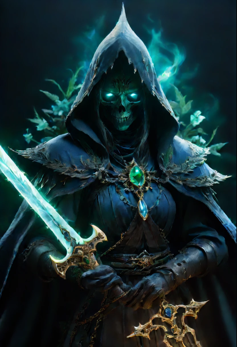 Magic Sword,legendary magic sword,Glory Magic Sword,Magic Sword,heavy metal style,metal art,Full metallic luster,Metal texture in the post-industrial era,Alloy wire crafts,crystal,Emerald inlay,well-built,Perfect craftsmanship,Magic lightning background,blue lightning,There are fairies,dark fantasy style art, dark flower shaman, dark fantasy concept art, bloodborne concept art, dark concept art, Diablo digital concept art, dark fantasy art style, Dark flowers, bloodborne art, photorealistic dark concept art,dark fantasy style art, portrait of death, onmyoji detailed art, beautiful necromancer, Ominous fantasy illustration,(Best quality at best,4K,8K,A high resolution,tmasterpiece:1.2),ultra - detailed,(actual,realistically,realistically:1.37),The landscape,sci-fy,photography of,Concept artist, HighDynamicRange,hyper HD,Studio lighting,Ultra-fine painting,Focus sharp,physically-based renderingt,Extremely detailed description,professional,vivd colour,bokeh.