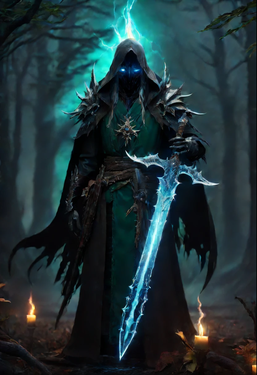 Magic Sword,legendary magic sword,Glory Magic Sword,Magic Sword,heavy metal style,metal art,Full metallic luster,Metal texture in the post-industrial era,Alloy wire crafts,crystal,Emerald inlay,well-built,Perfect craftsmanship,Magic lightning background,blue lightning,There are fairies,dark fantasy style art, dark flower shaman, dark fantasy concept art, bloodborne concept art, dark concept art, Diablo digital concept art, dark fantasy art style, Dark flowers, bloodborne art, photorealistic dark concept art,dark fantasy style art, portrait of death, onmyoji detailed art, beautiful necromancer, Ominous fantasy illustration,(Best quality at best,4K,8K,A high resolution,tmasterpiece:1.2),ultra - detailed,(actual,realistically,realistically:1.37),The landscape,sci-fy,photography of,Concept artist, HighDynamicRange,hyper HD,Studio lighting,Ultra-fine painting,Focus sharp,physically-based renderingt,Extremely detailed description,professional,vivd colour,bokeh.