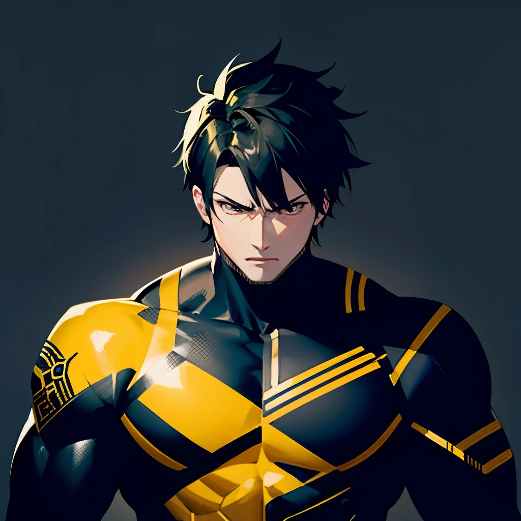 超A high resolution, Best aesthetic, , Flat Avatar, Anime visuals of rough muscular man , black and yellow art style, (Black environment:1.0), 耳环,with simple black background