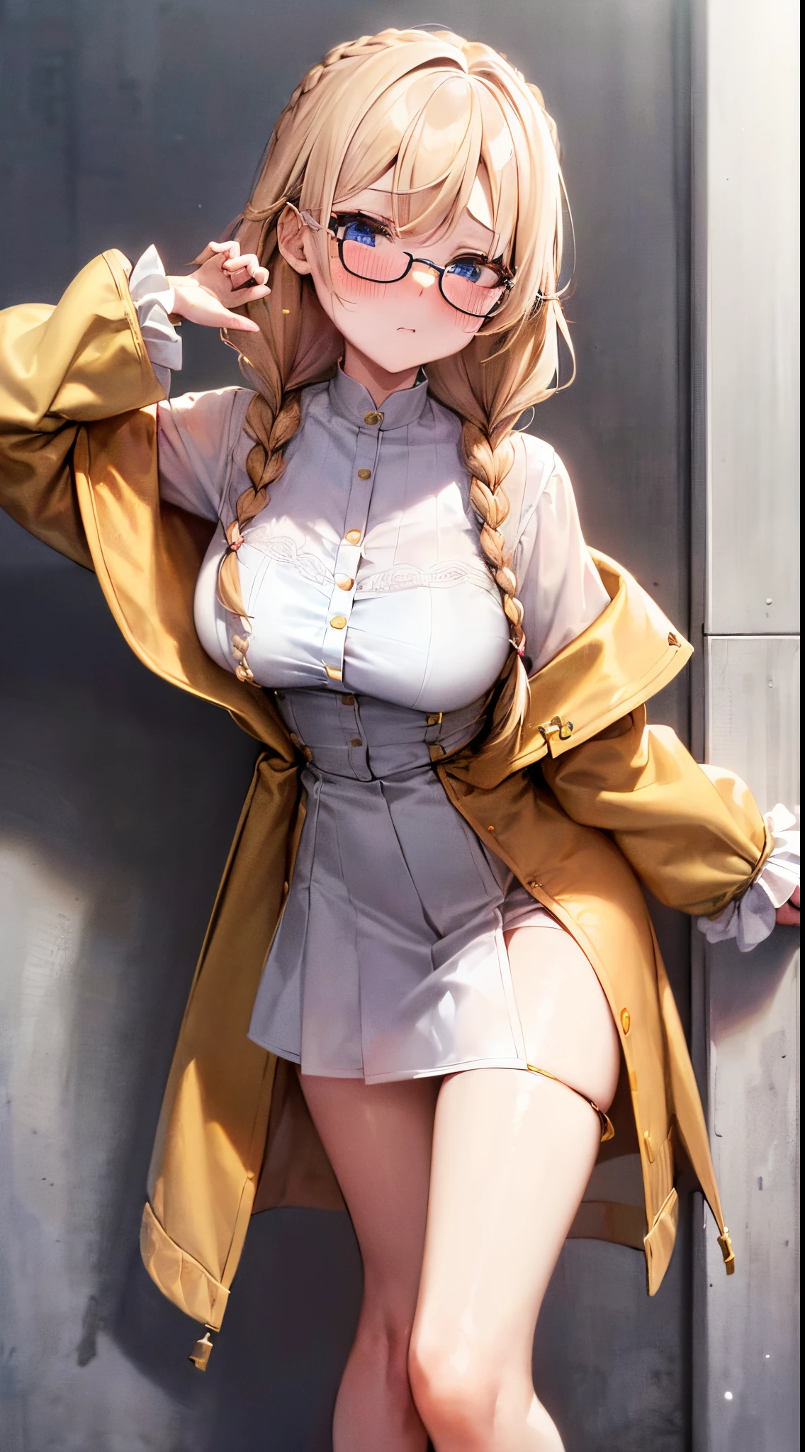 1womanl,Golden hair, ,((Impatient expression)),Beautiful breasts,,well-styled,,(Facing the front)(((Blushing cheeks、Surprised look)),(((Braids))),((( is standing,Portrait from the knee up)))Frameless glasses,Blue eyes,(Bangs are aligned)(((Street,Crowds)))((Mouth open))