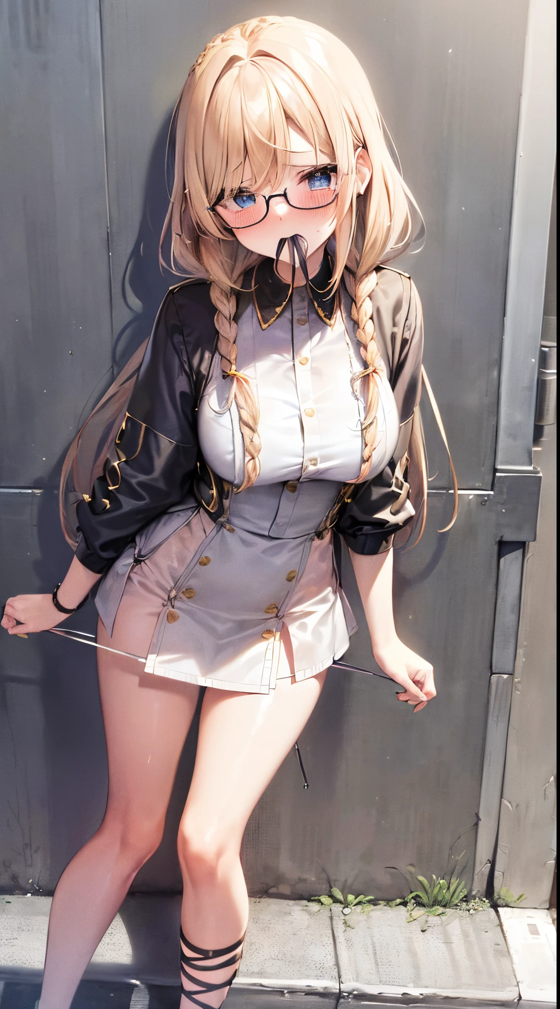 1womanl,Golden hair, ,((Impatient expression)),Beautiful breasts,,well-styled,,(Facing the front)(((Blushing cheeks、Surprised look)),(((Braids))),((( is standing,Portrait from the knee up)))Frameless glasses,Blue eyes,(Bangs are aligned)(((Street,Crowds)))((Mouth open))