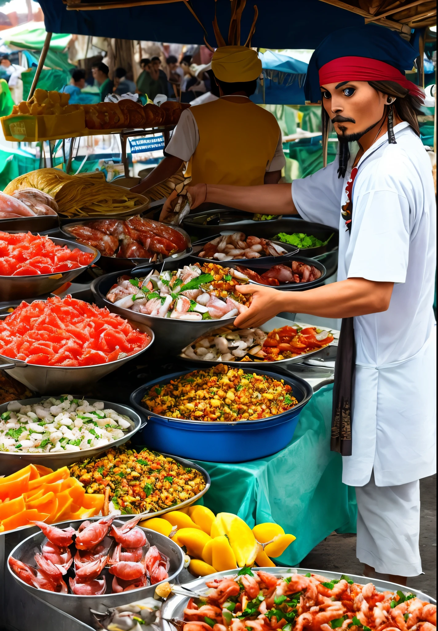 Jack sparrow selling sea food ata stall