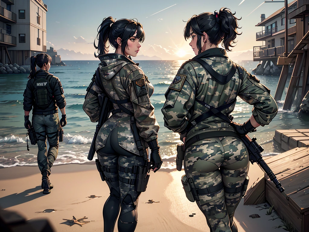 beautiful girl, cap, ponytail hair, snickers, sniper rifle, 1girl, full body, gloves, tactical, sport jacket, night vision goggles, sport pants, black hair, high resolution, sharp image, leggins, two grey wolfs, from the back,digital (camouflage:1.3), Military uniform,
((Best quality)), ((masterpiece)), (highly detailed:1.3),Depth-of-field, Multi-layered textures,(Hyperrealistic),HDR (High Dynamic Range),Ray Tracing,NVIDIA RTX,Unreal 5,Subsurface scattering,PBR Texturing,Post-processing,
Anisotropic Filtering, Maximum clarity and sharpness,Wide aperture,Low ISO,White balance,Rule of thirds,8K RAW, 2 wolves, aircraft carrier behind in the beach