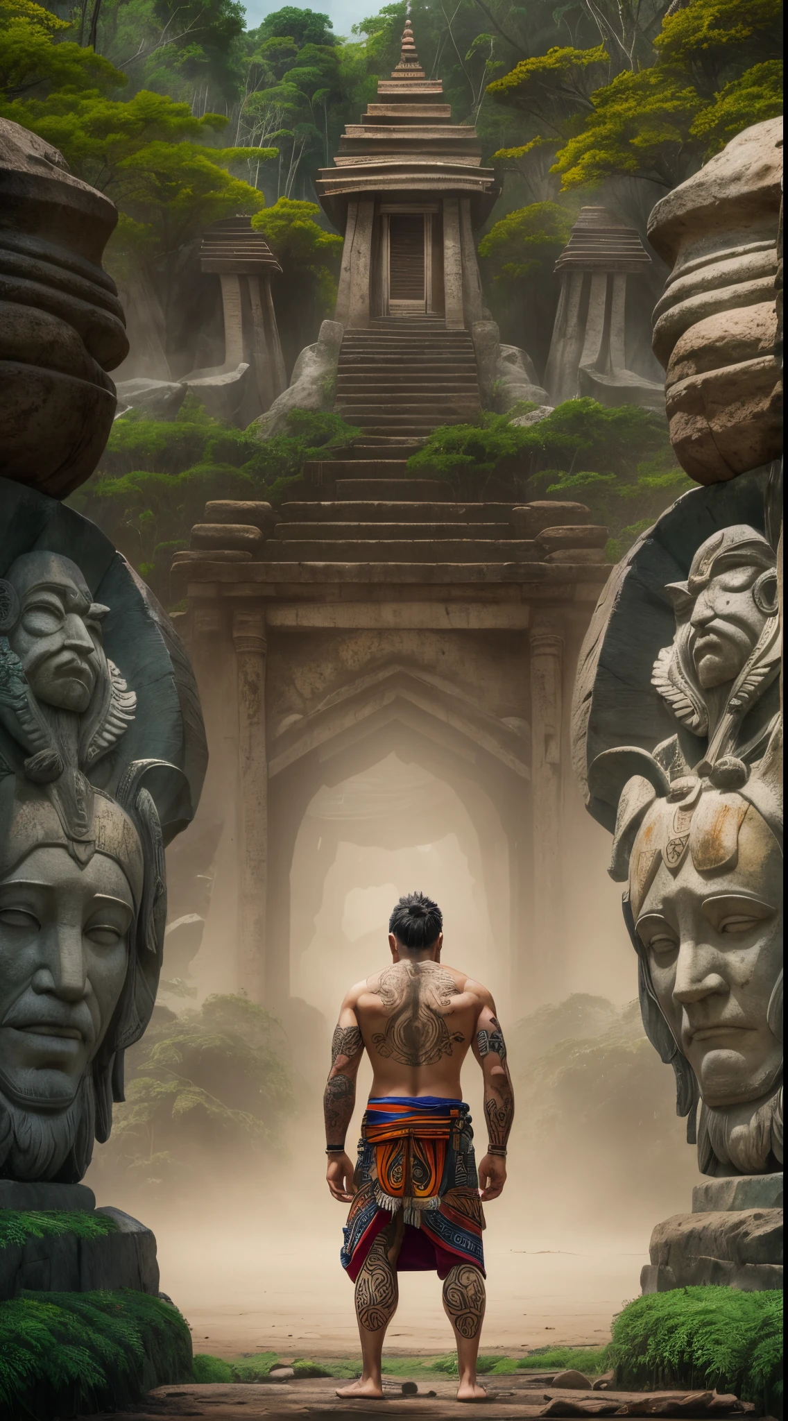 (Mejor calidad,4k,8k,high resolusion:1.2),Ultra - detallado,Realista,fotorrealista:1.37,hombre rudo rapado con tatuajes por todo el cuerpo, vestido de monje en un templo del amazonas - **Apariencia**: Rudo, rapado, tatuajes por todo el cuerpo. - **Vestimenta**: Monk Robe. - **Tatuajes**: Intrincados, tribales, Symbols of Mystical Tribes and Animals. - **Mirada**: Intensa, determinada, sabia. - **Ambiente**: Templo en la selva del Amazonas, connection to nature.mirada desafiante con gesto grosero