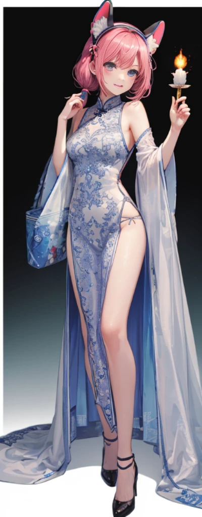 (Full body photo),Fluorescent background,(1 Witch,Flash fluorescence,Hats,Transparent tulle cheongsam,Delicate headgear,ssmile),(paper art,Quilted paper art,geometry),(Lots of colors,Best quality,high detal,tmasterpiece,movie light effect,4K,lightand shade contrast),Blue transparent tulle cheongsam,pigtails,Red knee-length socks,luminous totem,eBlue eyes,Sakura hair and big breasts,long braid,Pink Haired Hatsune Witch Costume