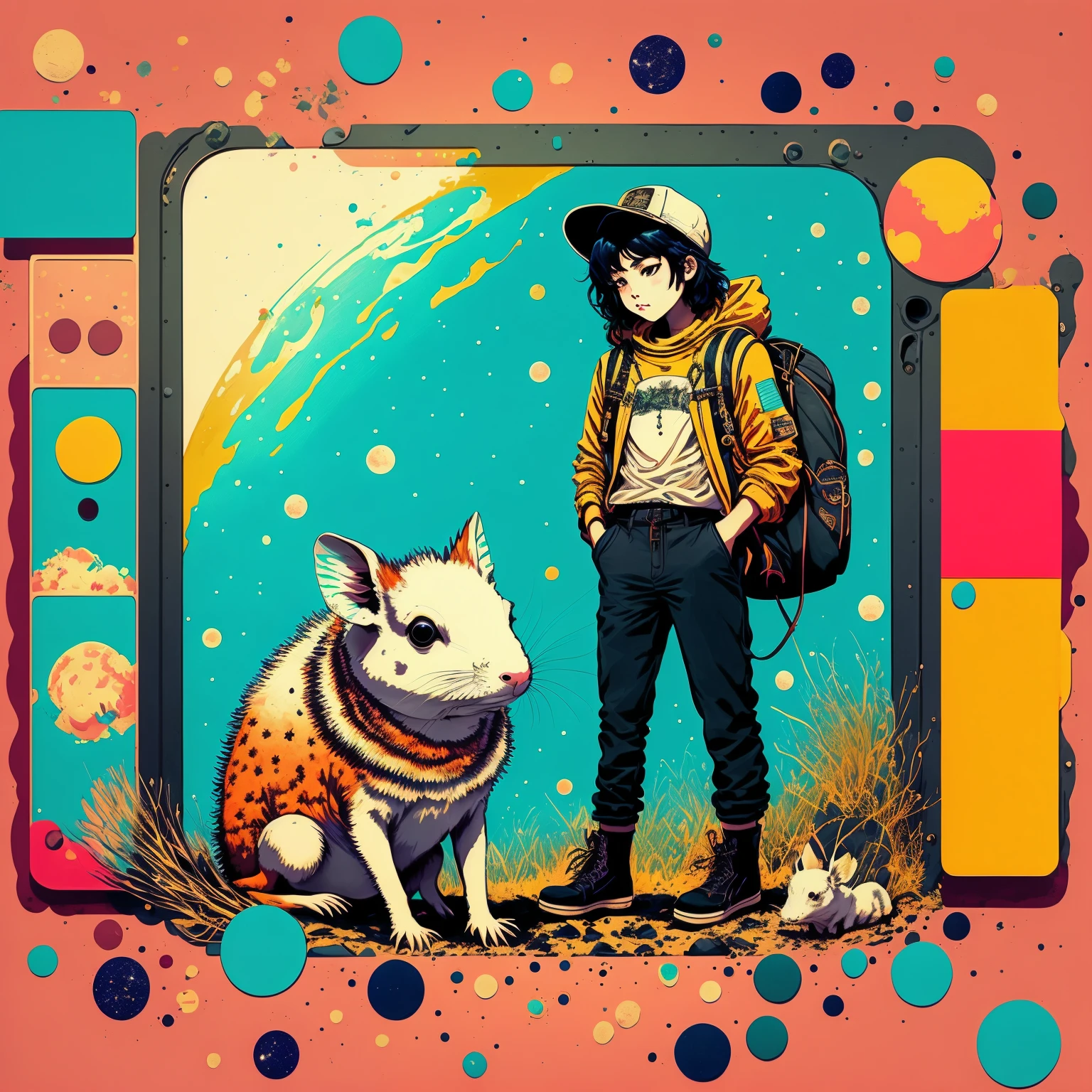 Photo of an explorer with an axolotl as a pet inside the space with a psychedelic backgroun, estilo de Laurie Greasley, Studio Ghibli, Akira Toriyama, James Gilleard, Genshin Impact, Trending Pixiv Fanbox, acrylic palette knife, 8K, cores vibrantes, DevinArt, trendin on artstation, Detalhes baixos, escrita em letras estilo rock n roll, a palavra KAMIZART.COM