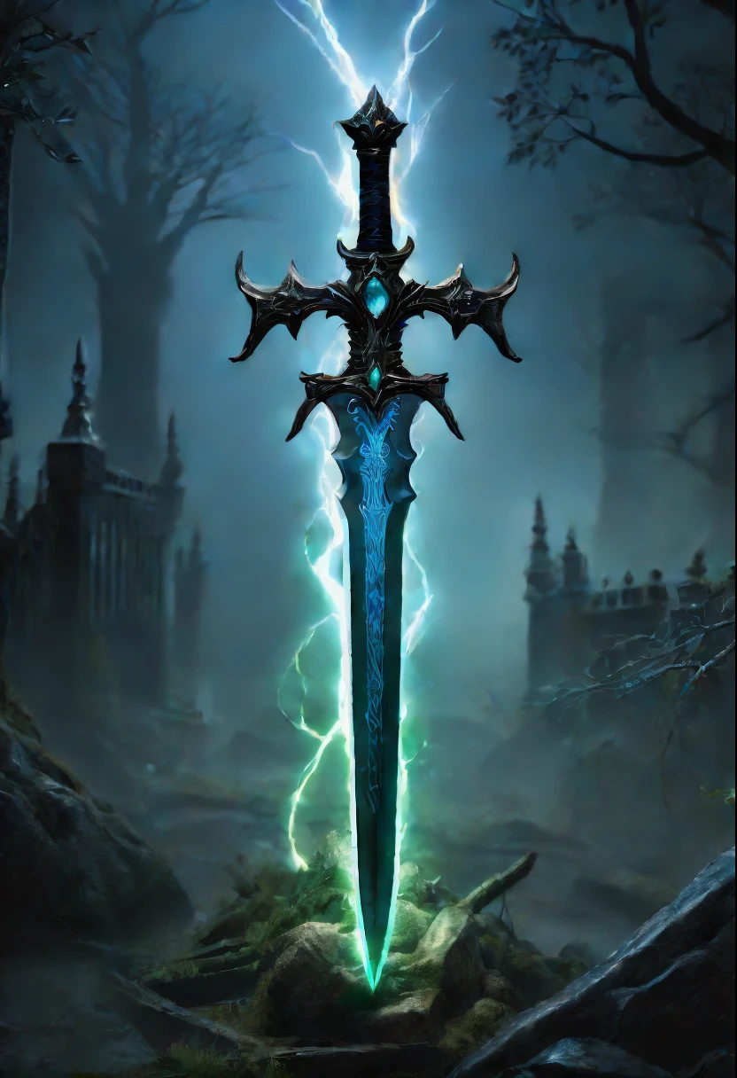Magic Sword，legendary magic sword，Glory Magic Sword，Magic Sword,heavy metal style，metal art，Full metallic luster，Metal texture in the post-industrial era，Alloy wire crafts，crystal，Emerald inlay，Carefully crafted，Perfect craftsmanship，Magic lightning background，blue lightning，There are fairies，dark fantasy style art,dark fantasy concept art, bloodborne concept art, dark concept art, Diablo digital concept art, dark fantasy art style, bloodborne art, photorealistic dark concept art,dark fantasy style art,  onmyoji detailed art,Ominous fantasy illustration，(Best quality,4K,8K,A high resolution,tmasterpiece:1.2),ultra - detailed,(actual,realistically,realistically:1.37),The landscape,sci-fy,photography,Concept artist, HighDynamicRange,hyper HD,Studio lighting,Ultra-fine painting,Focus sharp,physically-based renderingt,Extremely detailed description,professional,vibrant with colors,bokeh.