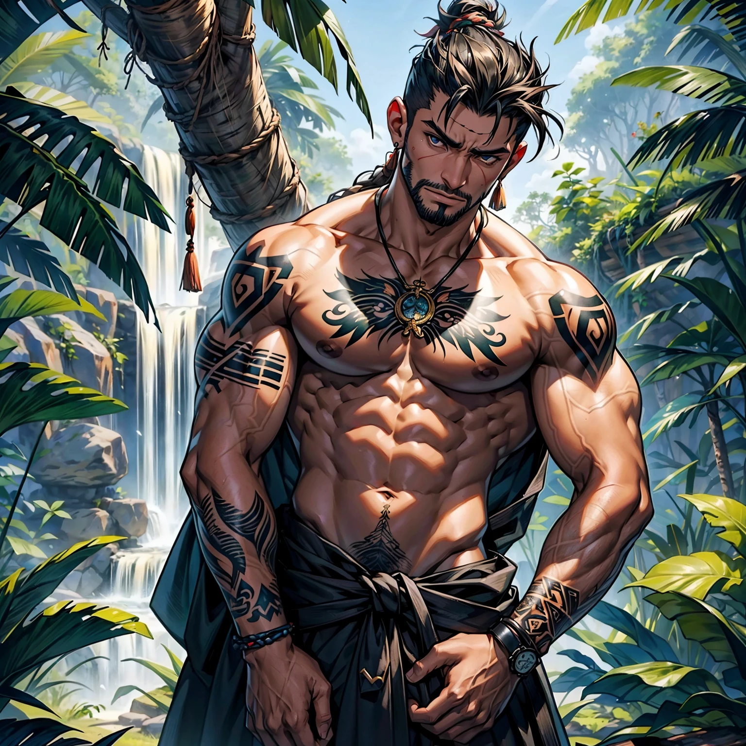 (Mejor calidad，4k，8k，high resolusion:1.2)，Ultra - detallado，Realista，fotorrealista:1.37,hombre rudo rapado con tatuajes por todo el cuerpo, vestido de monje en un templo del amazonas - **Apariencia**: Rudo, rapado, tatuajes por todo el cuerpo. - **Vestimenta**: Monk Robe. - **Tatuajes**: Intrincados, tribales, Symbols of Mystical Tribes and Animals. - **Mirada**: Intensa, determinada, sabia. - **Ambiente**: Templo en la selva del Amazonas, connection to nature.mirada desafiante con gesto grosero