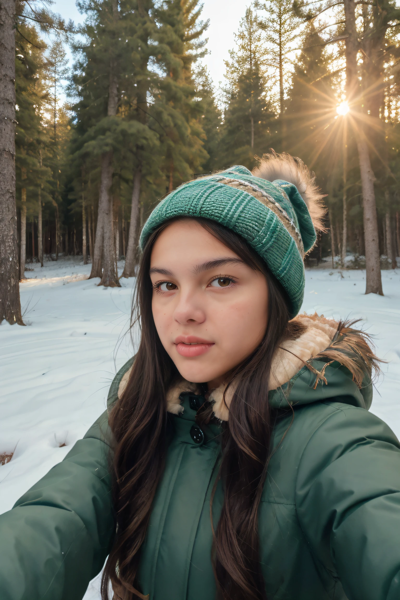Polaroid style, snapshot, ((selfie)) of 16yo Olivia Rodrigo with (acne) and ((ruffled hair)) dressed in woolen hat and puffer coat in winter pine forest, daylight, sunlight coming from front-right, noon, extremely detailed skin, skin acne, extremely detailed eyes and hair, film grain,