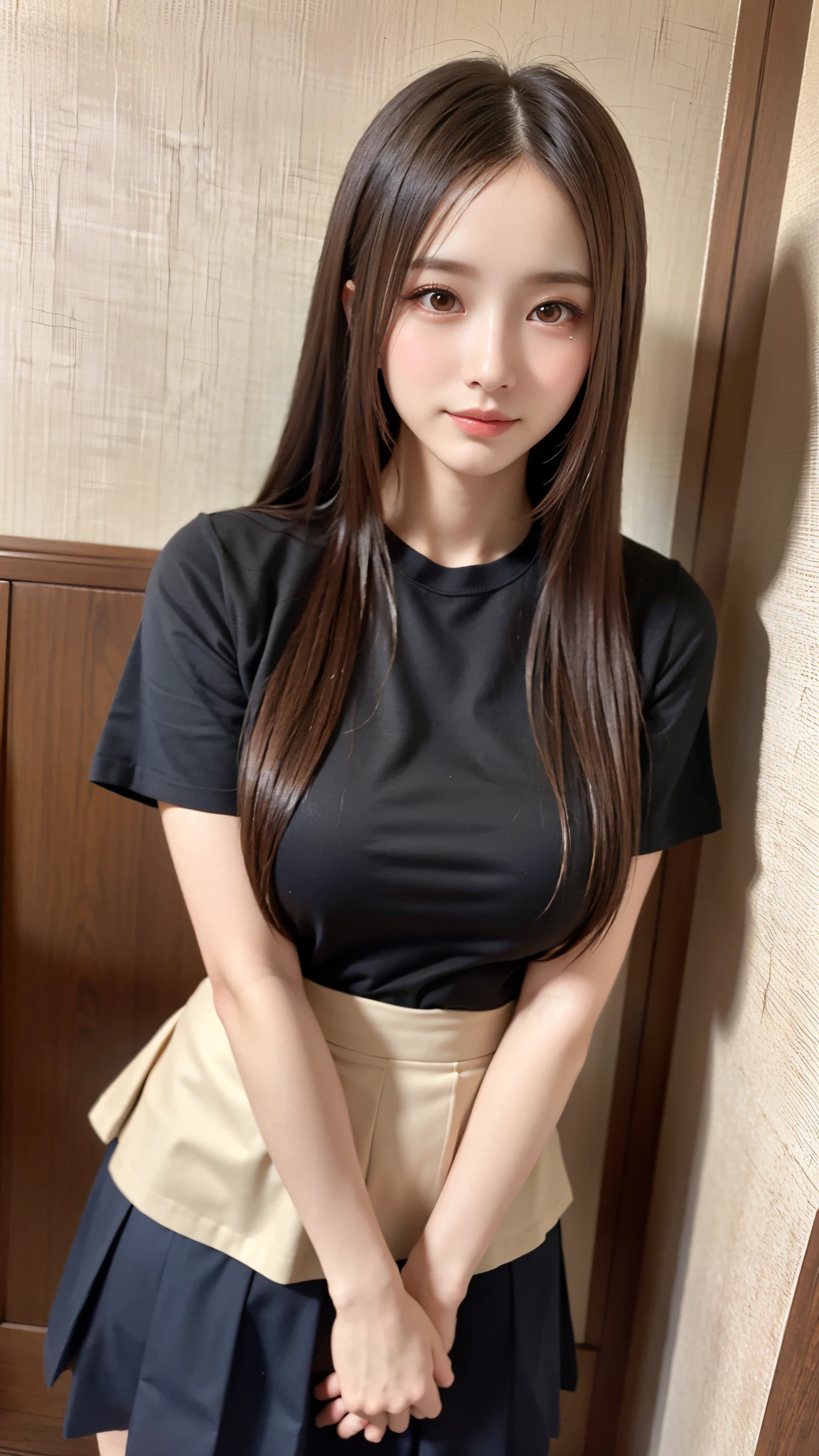 1 beautiful young girl, Super beautiful detailed face, shyly smile, Symmetrical black eyes),  hime cut hair, (Fine face:1.2), High quality, Realistic, Highly detailed CG unified 8K dendenden wallpaper, Highly detailed, High-definition raw color photos, Professional Photography, Realistic portrait, Cinematic Light, Beautiful detailed, Super Detail, high details,  depth of fields, FULL BODYSHOT、Random sexy poses、Medium Hair、semi long hair、thighs thighs thighs thighs、beauty legs、Bare legs、 Super beautiful detailed face, shyly smile、(Skirt blowing in the wind:1.3),You can see the valley、KPOP Idol Face,(Best Quality, 4K, 8K, hight resolution, masutepiece:1.2), Ultra-detailed, (Realistic, Photorealistic, Photorealsitic:1.37), (Beautiful detailed eyes, Beautiful detailed lips, extremely detailed eye and face),  Physically-based rendering, Vivid colors, (Big Tits, ultra gigantic tits, Super super big, Glamorous body), (long court、tshirts、flered skirt),(Long black straight hair, Shiny hair, Shiny skin), inside restaurant、inside in room