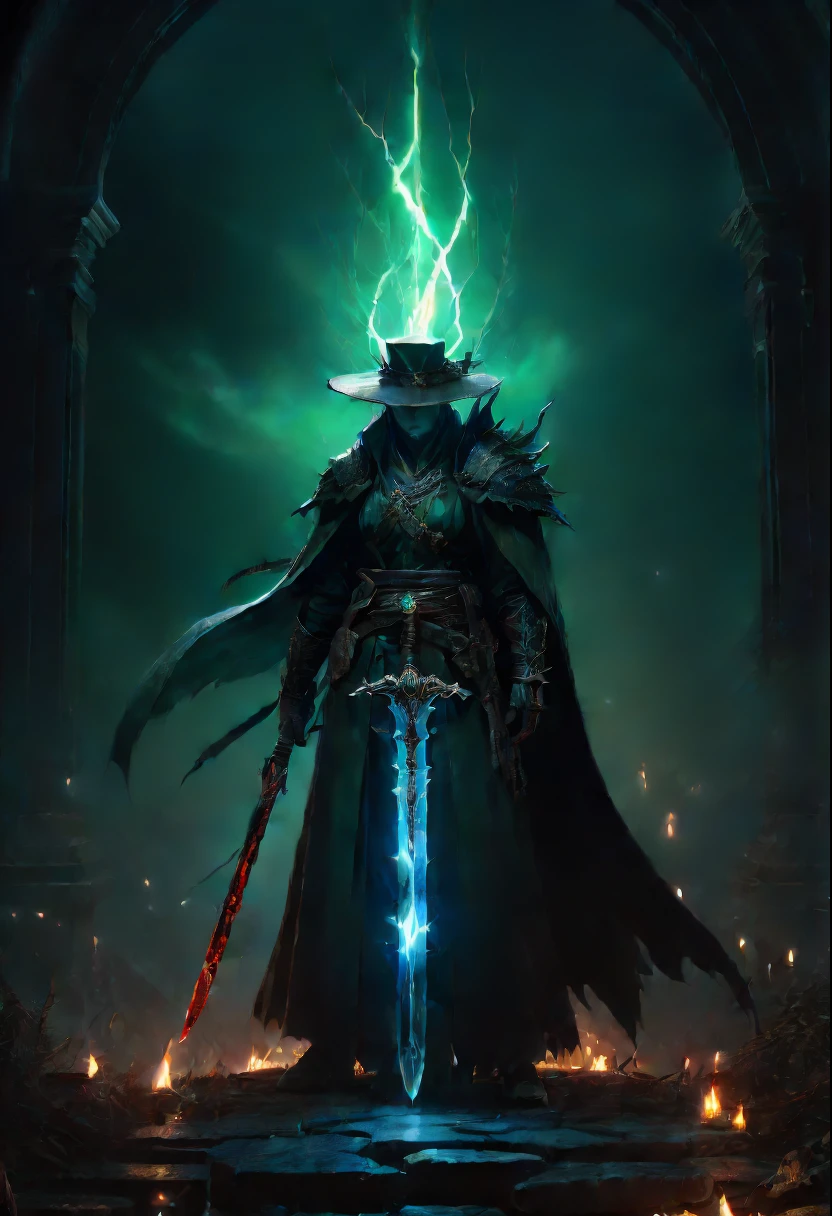 Magic Sword，legendary magic sword，Glory Magic Sword，Magic Sword,heavy metal style，metal art，Full metallic luster，Metal texture in the post-industrial era，Alloy wire crafts，crystal，Emerald inlay，well-built，Perfect craftsmanship，Magic lightning background，blue lightning，There are fairies，dark fantasy style art,dark fantasy concept art, bloodborne concept art, dark concept art, Diablo digital concept art, dark fantasy art style, bloodborne art, photorealistic dark concept art,dark fantasy style art,  onmyoji detailed art,Ominous fantasy illustration，(Best quality at best,4K,8K,A high resolution,tmasterpiece:1.2),ultra - detailed,(actual,realistically,realistically:1.37),The landscape,sci-fy,photography of,Concept artist, HighDynamicRange,hyper HD,Studio lighting,Ultra-fine painting,Focus sharp,physically-based renderingt,Extremely detailed description,professional,Vibrant colors,bokeh.