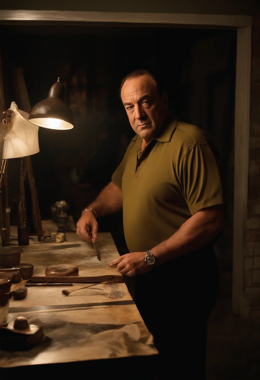 A photo of Tony painting a portrait in a dimly lit art studio.,The Sopranos,Tony Soprano, the fictional mob boss in “The Sopranos,” is a physically imposing figure, with a broad, stocky build, and a face that often shifts between a charming smile and a menacing glare. His attire, usually consisting of sharply tailored suits or casual polo shirts, adds to his air of authority and the duality of his life as a mobster and family man.