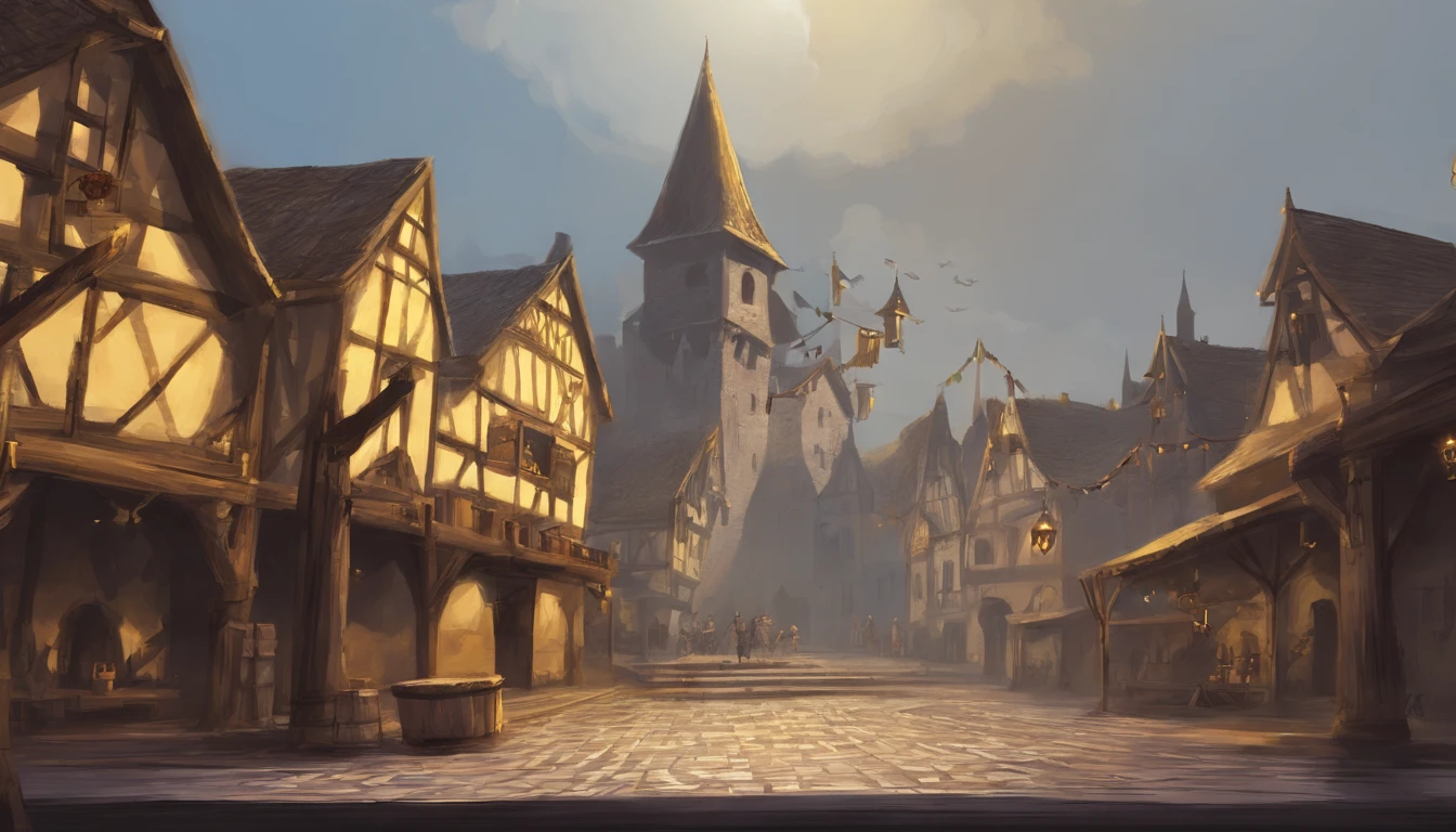 a medieval wooden platform that is used for hanging and executions at the center of a medieval town square, it is noon and the sunlight is cold and yellow and it is cloudy which gives a sense of dread