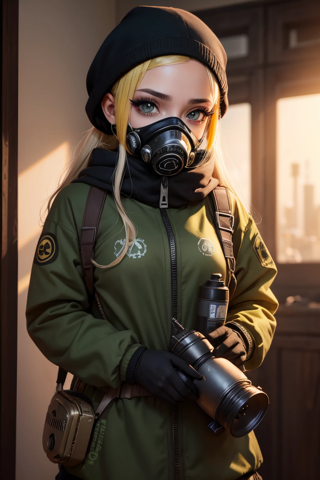 Garota gotica , olhos amarelos fortes brilhante , wearing a gas mask, imagem de copo 4k , usando roupas leves peito pequeno