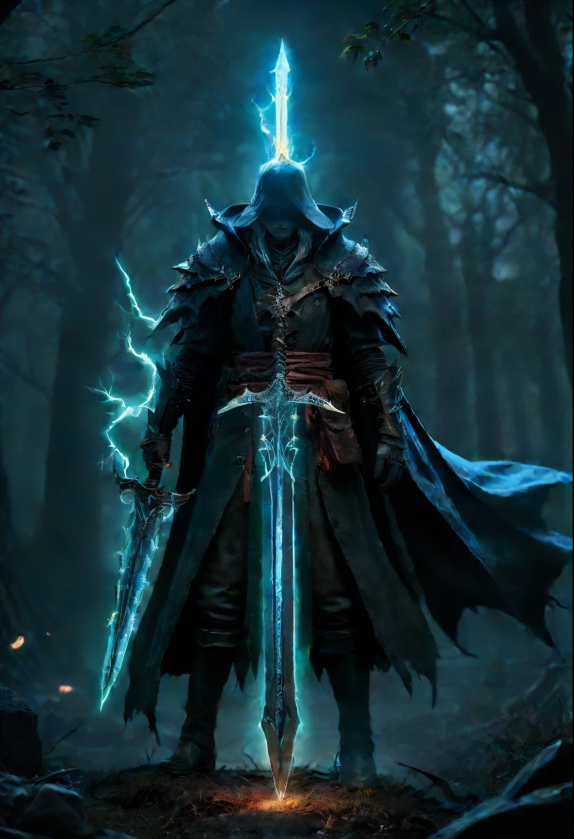 Magic Sword，legendary magic sword，Glory Magic Sword，Magic Sword,heavy metal style，metal art，Full metallic luster，Metal texture in the post-industrial era，Alloy wire crafts，crystal，Emerald inlay，Carefully crafted，Perfect craftsmanship，Magic lightning background，blue lightning，There are fairies，dark fantasy style art,dark fantasy concept art, bloodborne concept art, dark concept art, Diablo digital concept art, dark fantasy art style, bloodborne art, photorealistic dark concept art,dark fantasy style art,  onmyoji detailed art,Ominous fantasy illustration，(Best quality,4K,8K,A high resolution,tmasterpiece:1.2),ultra - detailed,(actual,realistically,realistically:1.37),The landscape,sci-fy,photography,Concept artist, HighDynamicRange,hyper HD,Studio lighting,Ultra-fine painting,Focus sharp,physically-based renderingt,Extremely detailed description,professional,vivd colour,bokeh.
