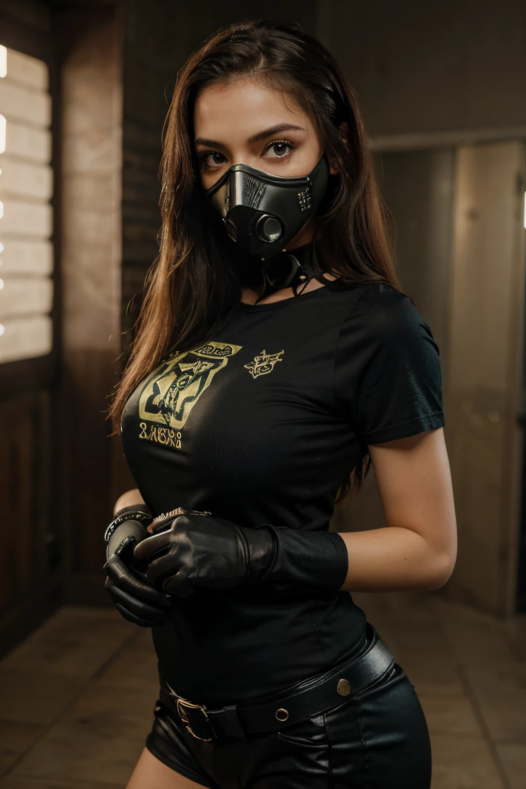Garota gotica , olhos amarelos fortes brilhante , wearing a gas mask, imagem de copo 4k , usando roupas leves
